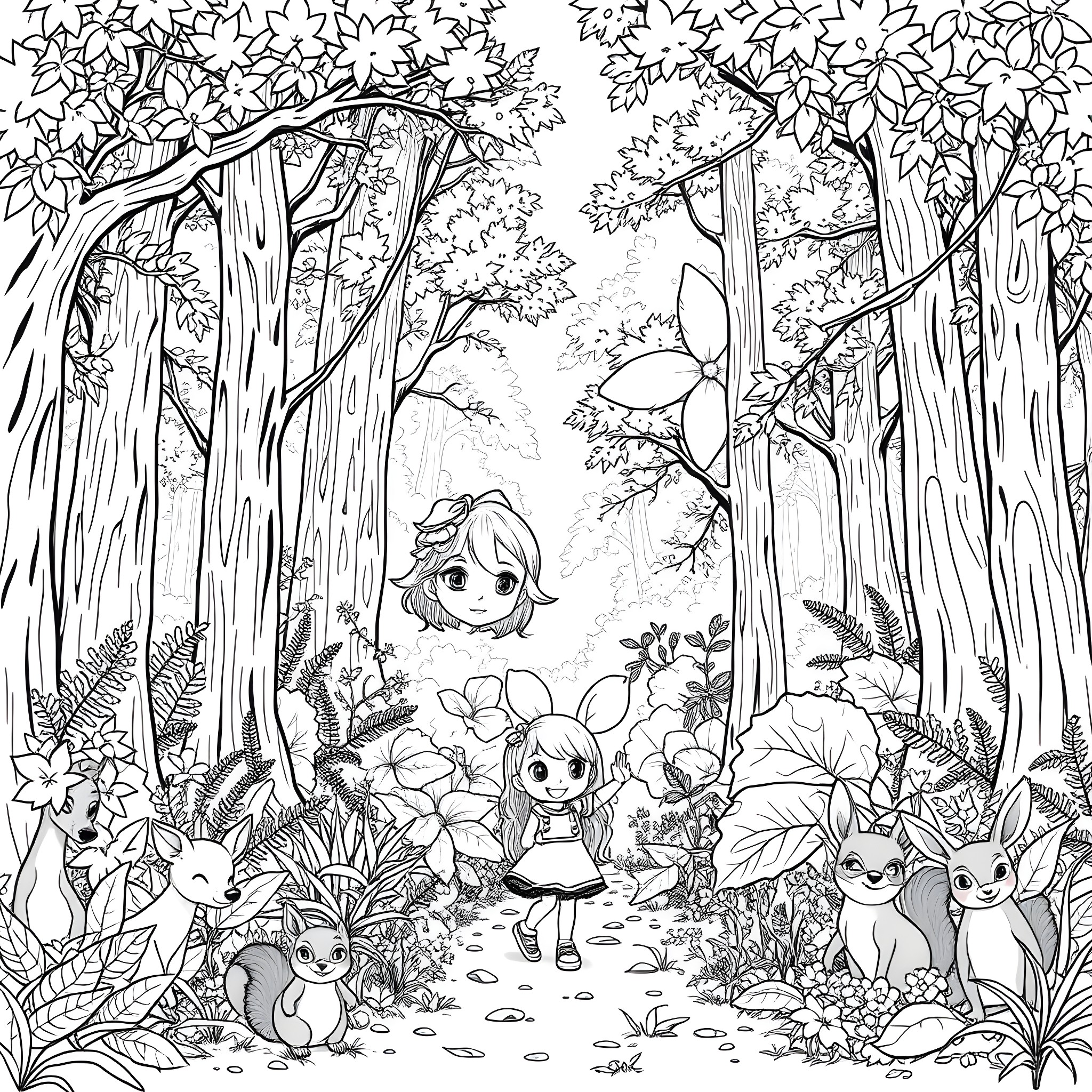 Girl exploring the enchanting forest with woodland creatures Coloring Page (free black-and-white line drawing printable PDF for all, from beginners to advanced learners, including children, teens, adults, and seniors)