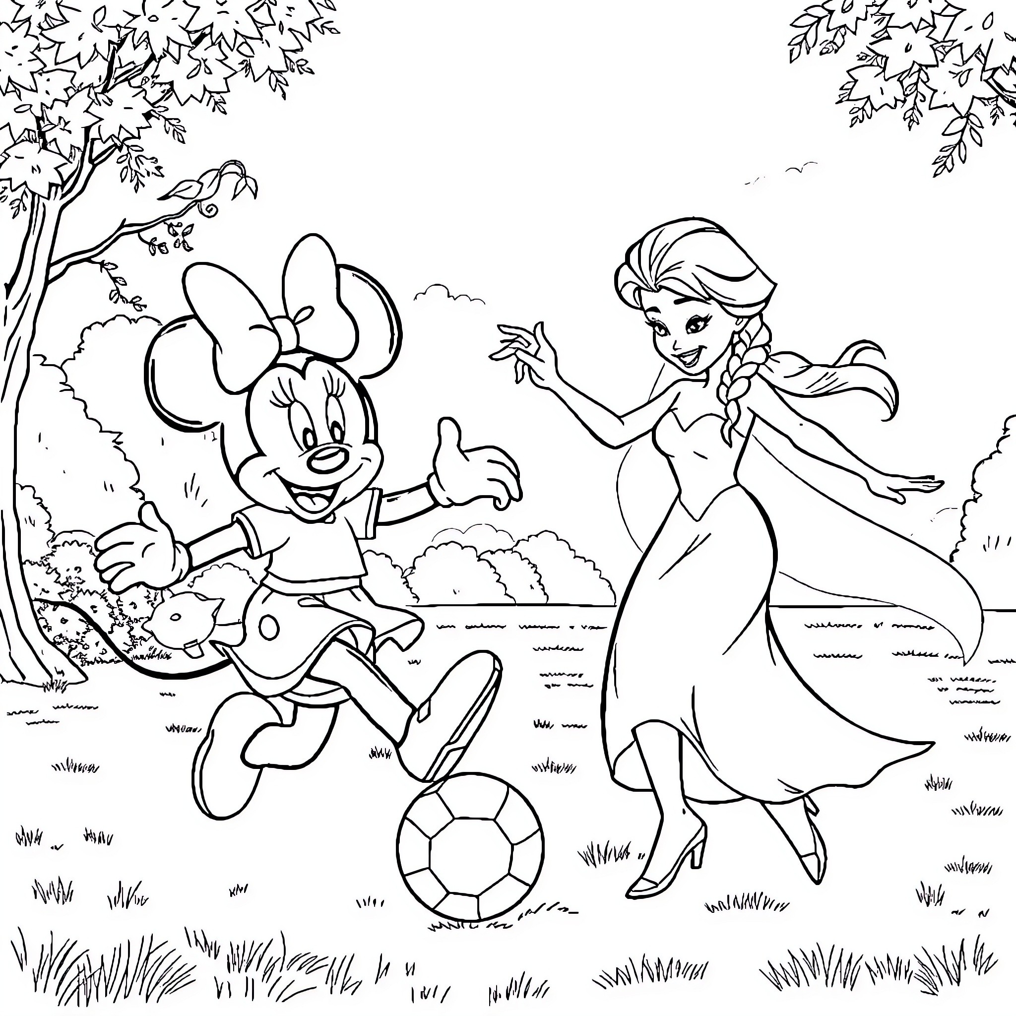 Elsa and Minnie Mouse playing together in the park Coloring Page (free black-and-white line drawing printable PDF for all, from beginners to advanced learners, including children, teens, adults, and seniors)