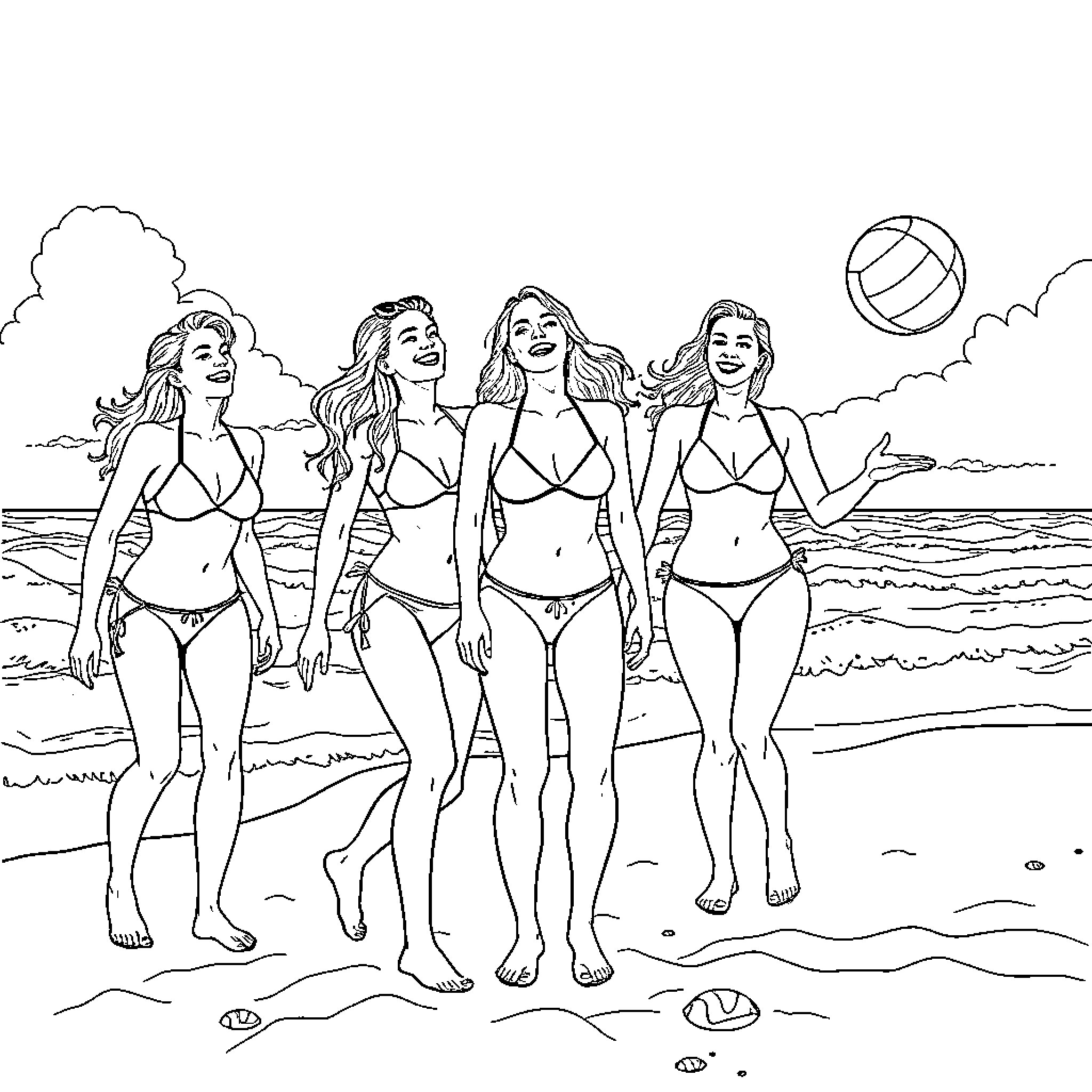 Girl friends enjoying a day at the beach Coloring Page (free black-and-white line drawing printable PDF for all, from beginners to advanced learners, including children, teens, adults, and seniors)