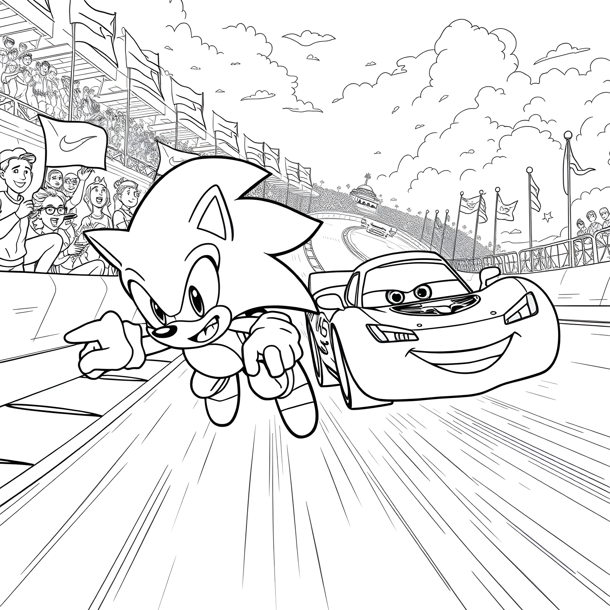 Sonic and his racing companion on the track Coloring Page (free black-and-white line drawing printable PDF for all, from beginners to advanced learners, including children, teens, adults, and seniors)
