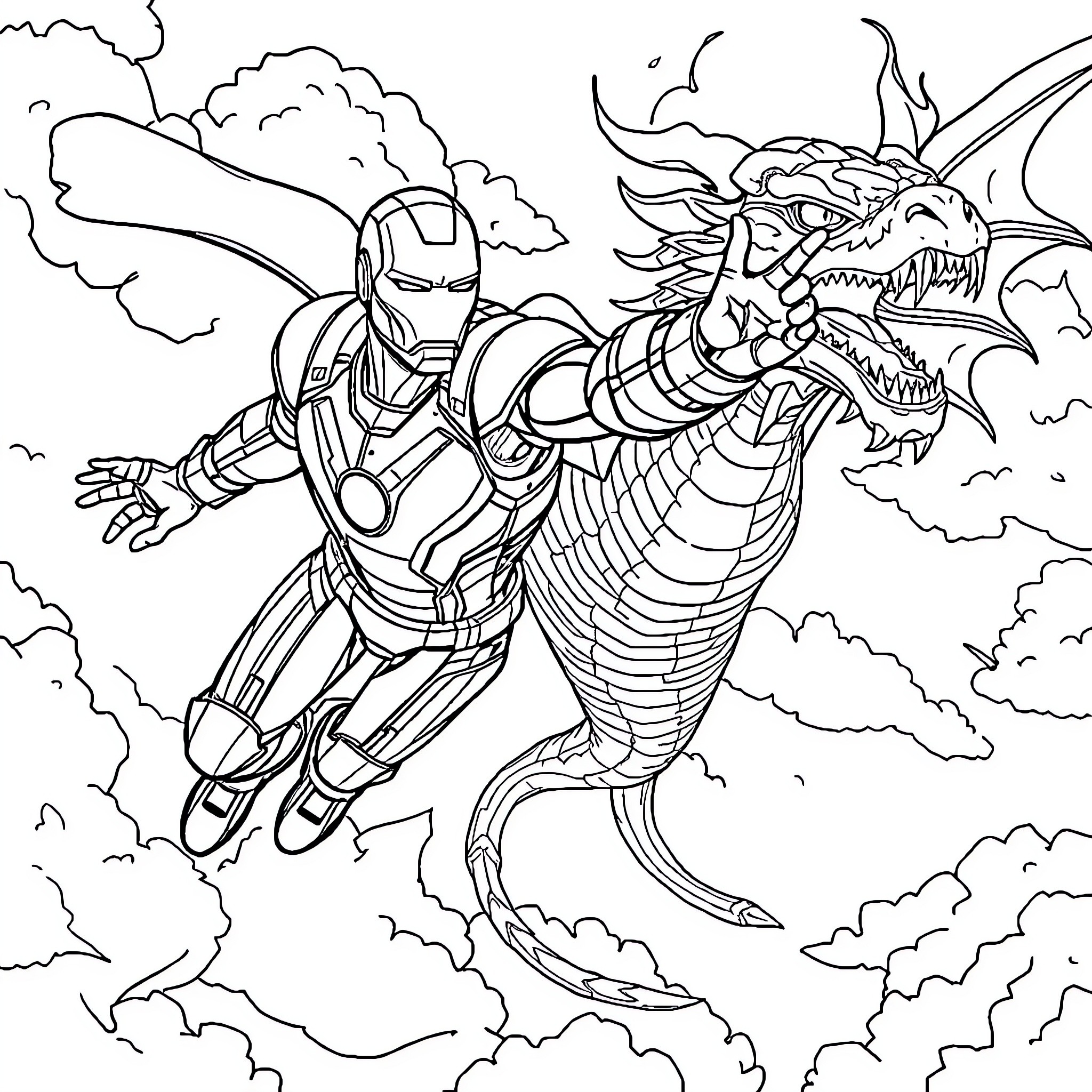 Ironman Battles a Fearsome Dragon Coloring Page (free black-and-white line drawing printable PDF for all, from beginners to advanced learners, including children, teens, adults, and seniors)