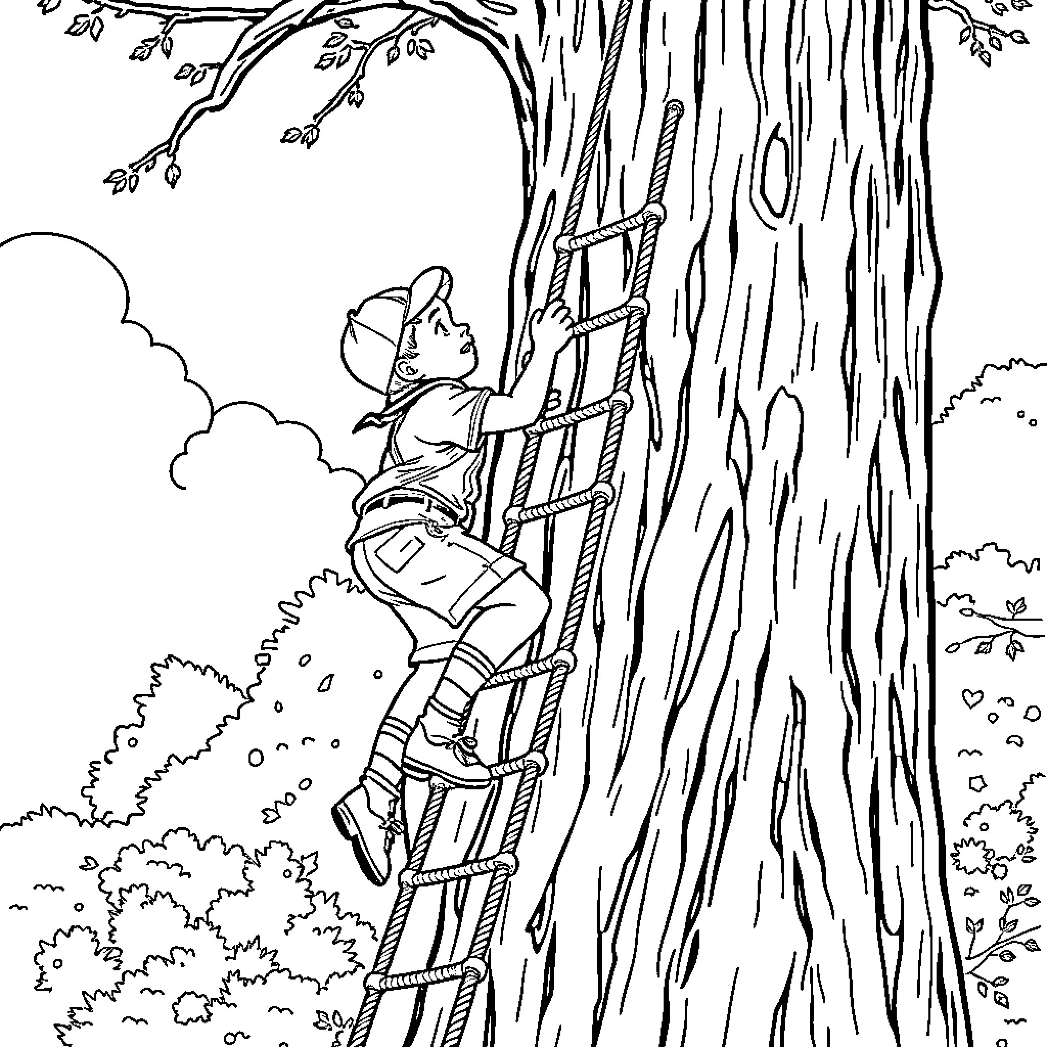 Boy Scout climbing up the tree ladder Coloring Page (free black-and-white line drawing printable PDF for all, from beginners to advanced learners, including children, teens, adults, and seniors)