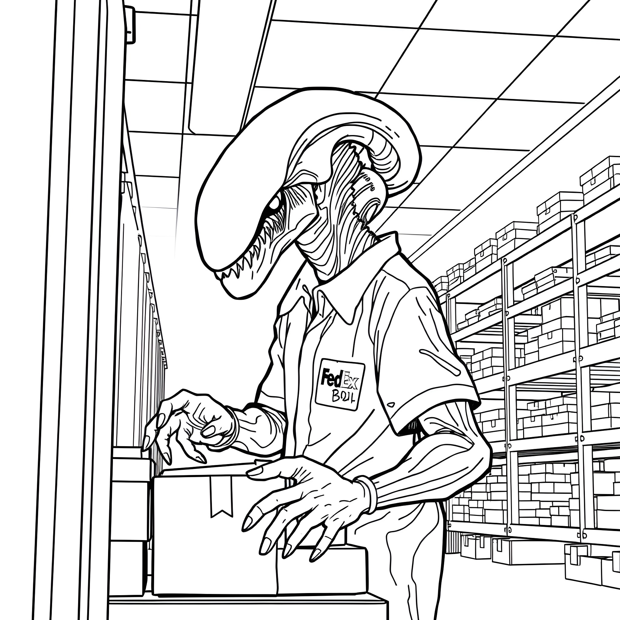 Xenomorph working diligently in a warehouse Coloring Page (free black-and-white line drawing printable PDF for all, from beginners to advanced learners, including children, teens, adults, and seniors)