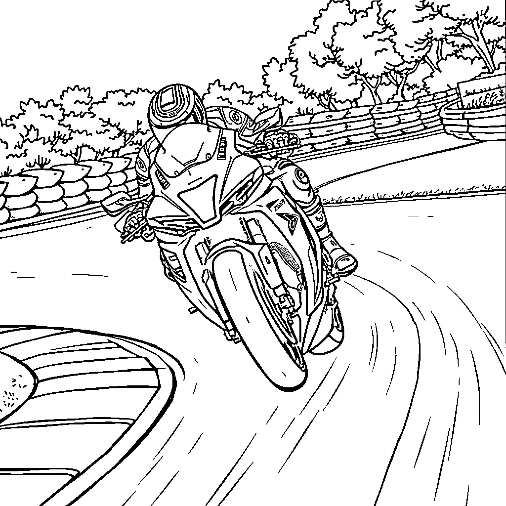 Moto Zarco racing on the track with speed and precision Coloring Page (free black-and-white line drawing printable PDF for all, from beginners to advanced learners, including children, teens, adults, and seniors)