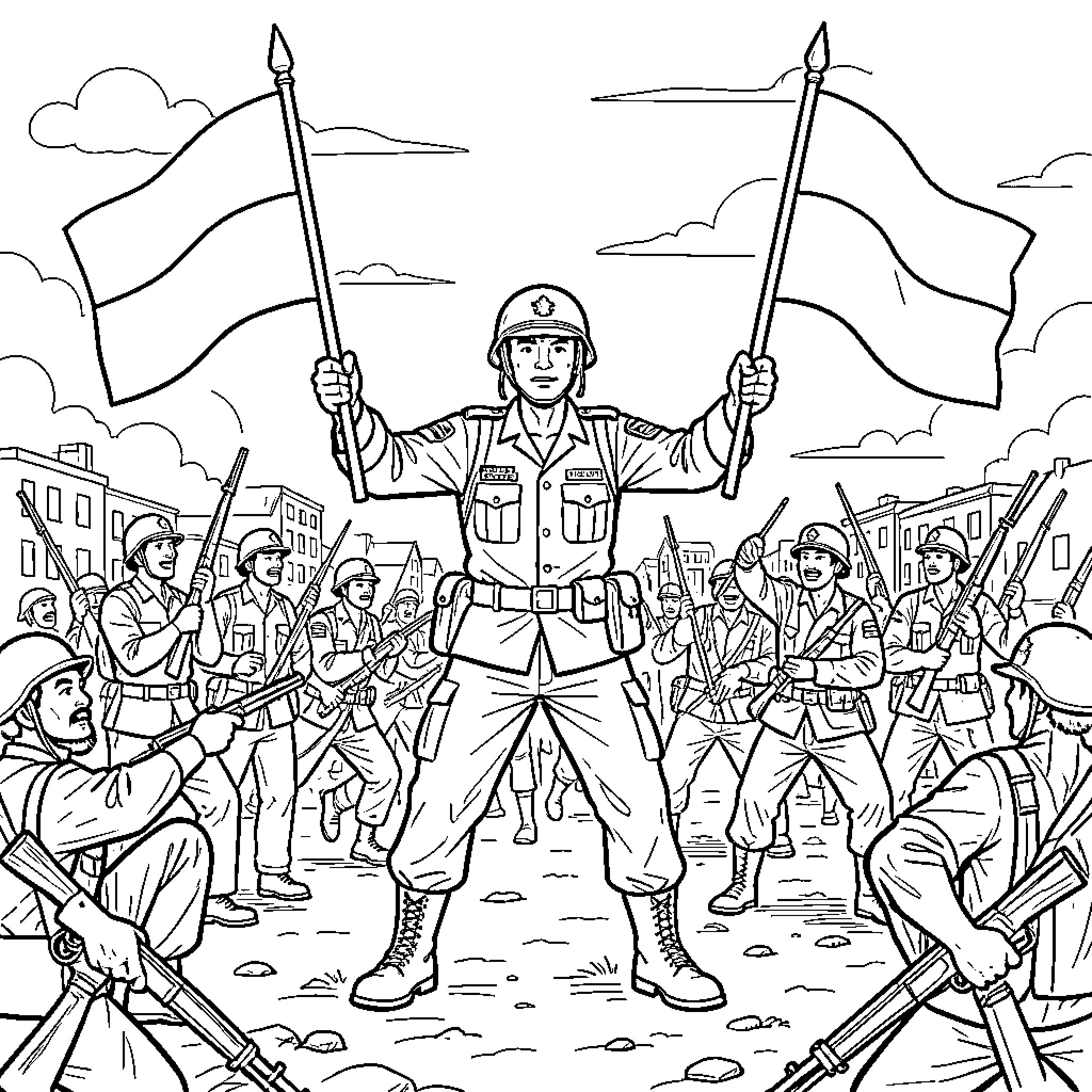 Soldier holding flags leading a group of troops Coloring Page (free black-and-white line drawing printable PDF for all, from beginners to advanced learners, including children, teens, adults, and seniors)