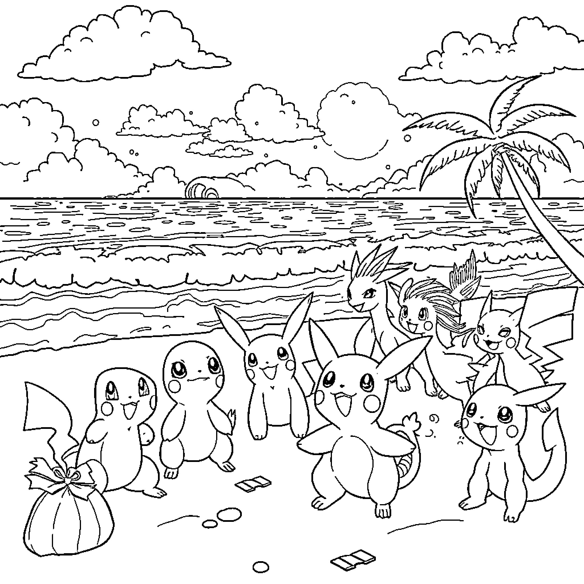 Pokémon enjoying a beach day together Coloring Page (free black-and-white line drawing printable PDF for all, from beginners to advanced learners, including children, teens, adults, and seniors)