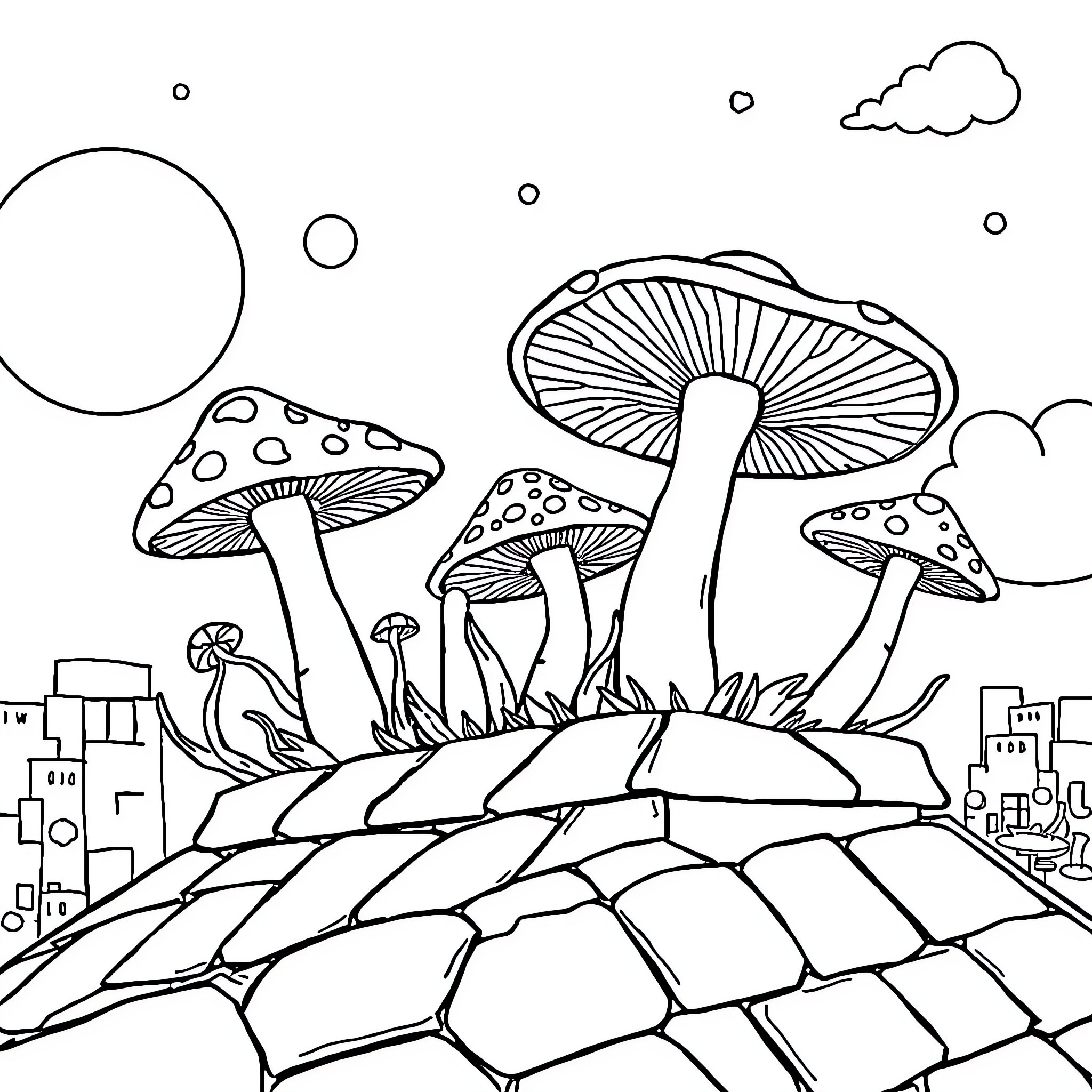 Mushroom Wonderland with Magical Scenery Coloring Page (free black-and-white line drawing printable PDF for all, from beginners to advanced learners, including children, teens, adults, and seniors)