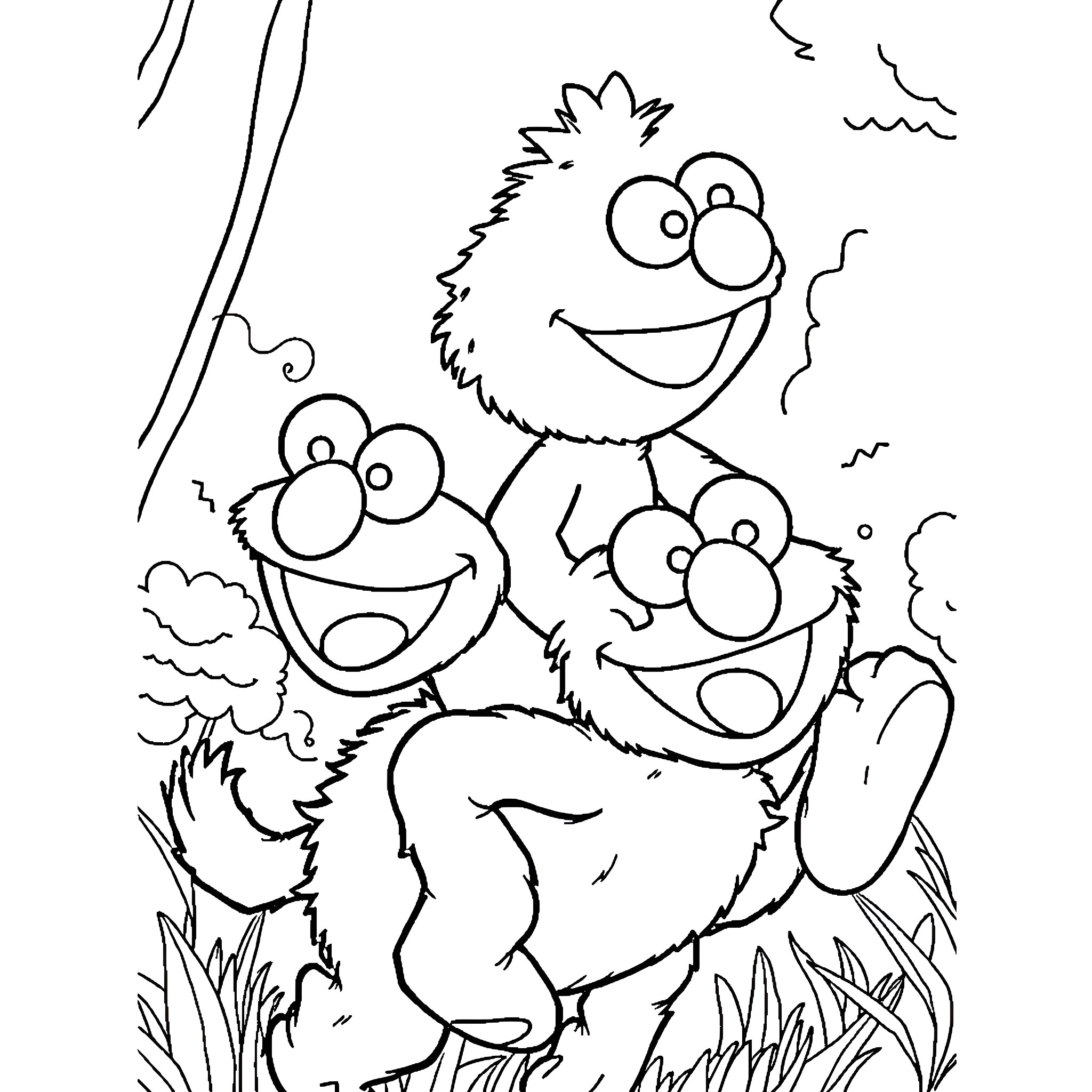 Bluey and friends playing joyfully in the outdoors Coloring Page (free black-and-white line drawing printable PDF for all, from beginners to advanced learners, including children, teens, adults, and seniors)
