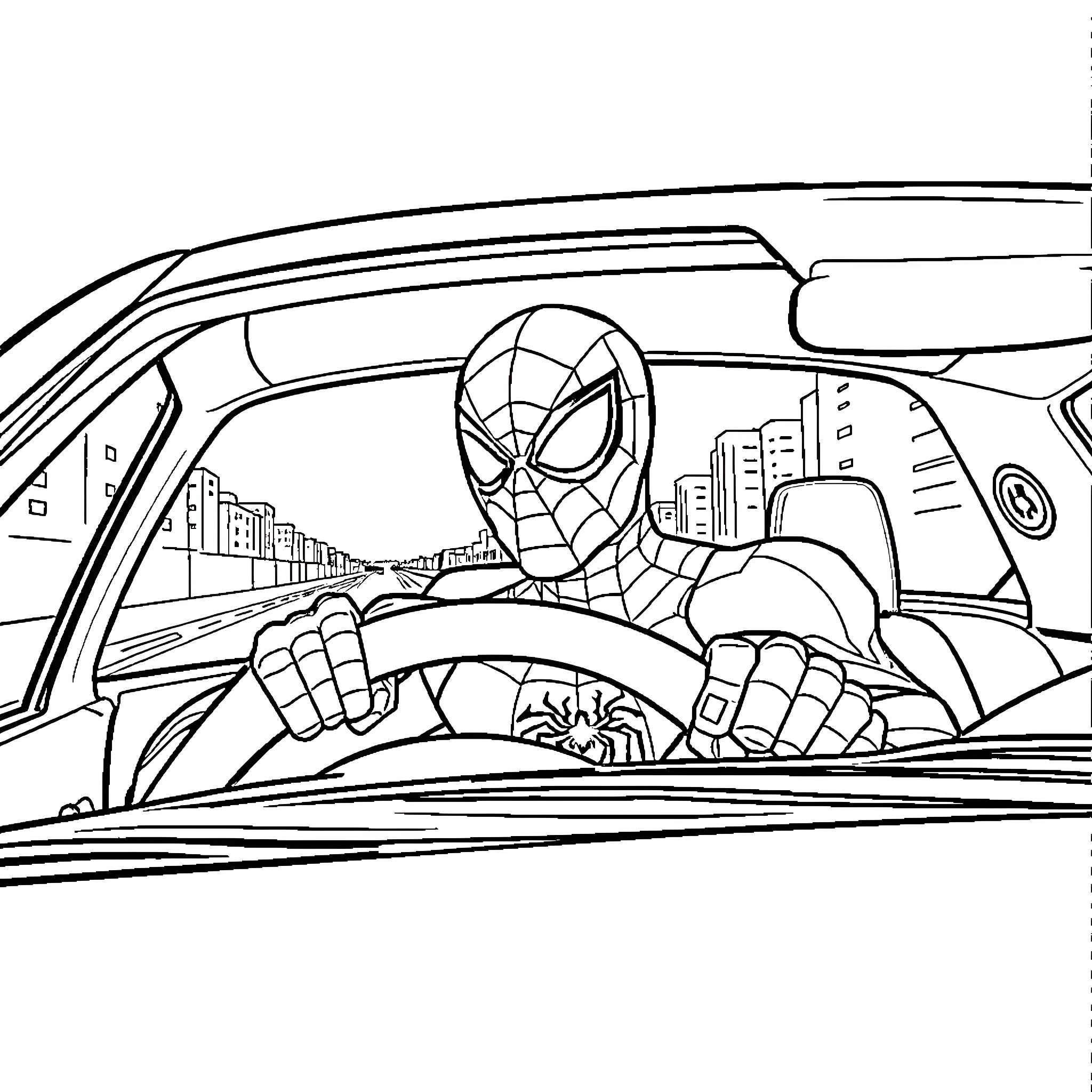 Spider-Man swinging through the city in his car Coloring Page (free black-and-white line drawing printable PDF for all, from beginners to advanced learners, including children, teens, adults, and seniors)