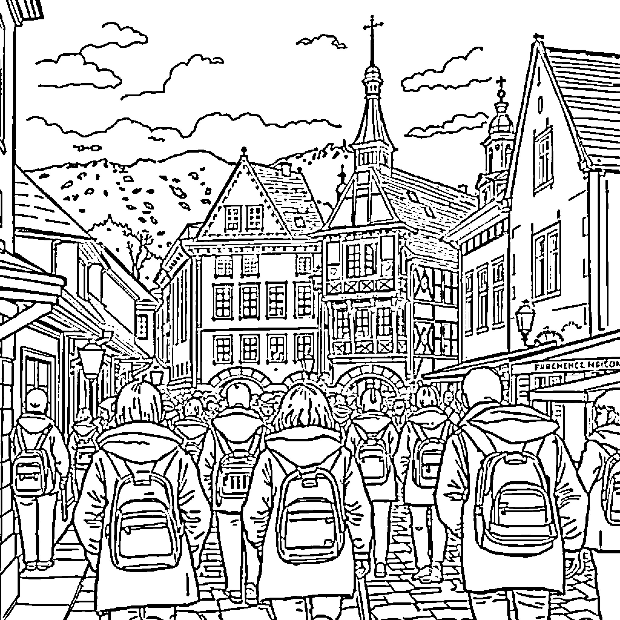 City of students in traditional architecture Coloring Page (free black-and-white line drawing printable PDF for all, from beginners to advanced learners, including children, teens, adults, and seniors)