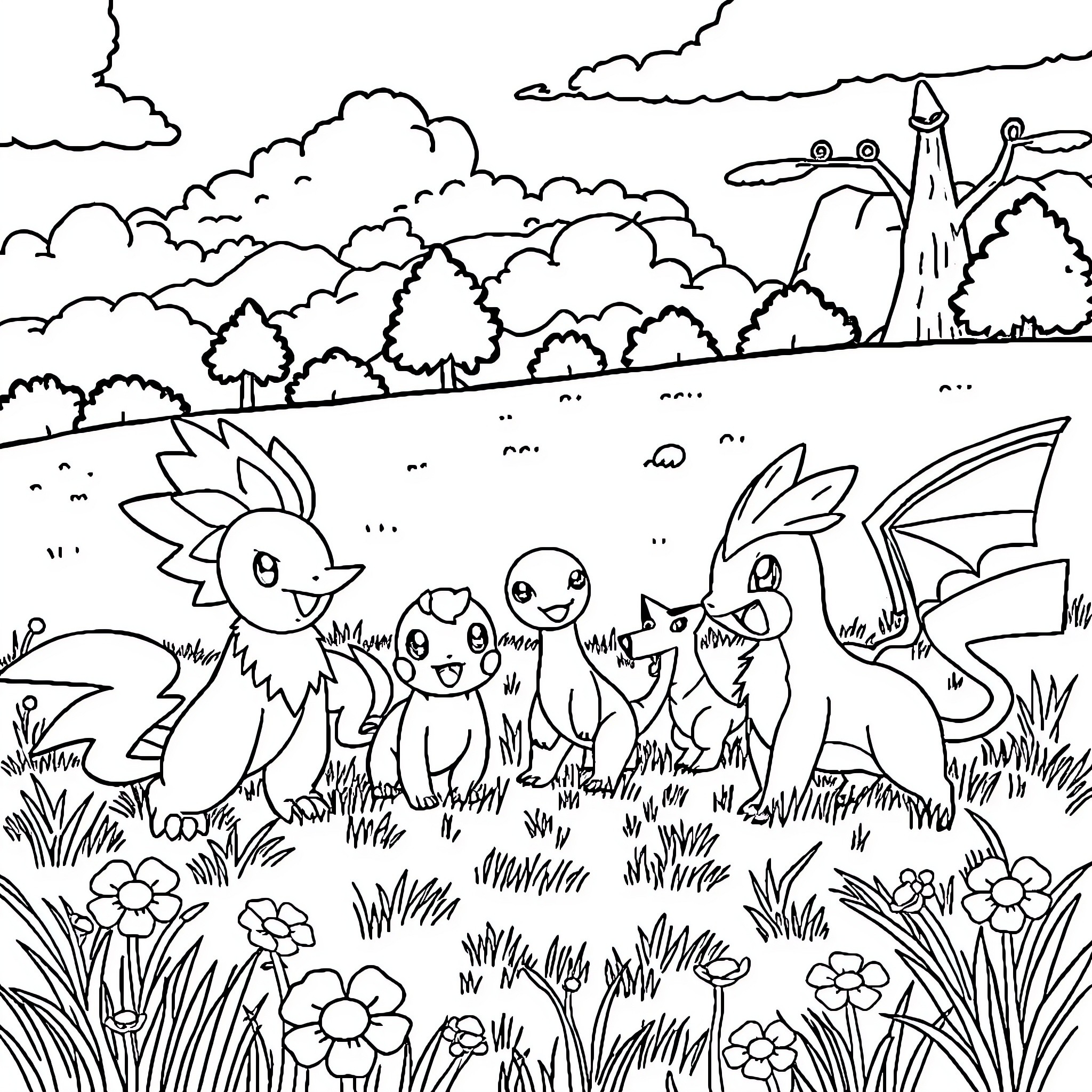 Pokémon enjoying a peaceful meadow landscape Coloring Page (free black-and-white line drawing printable PDF for all, from beginners to advanced learners, including children, teens, adults, and seniors)