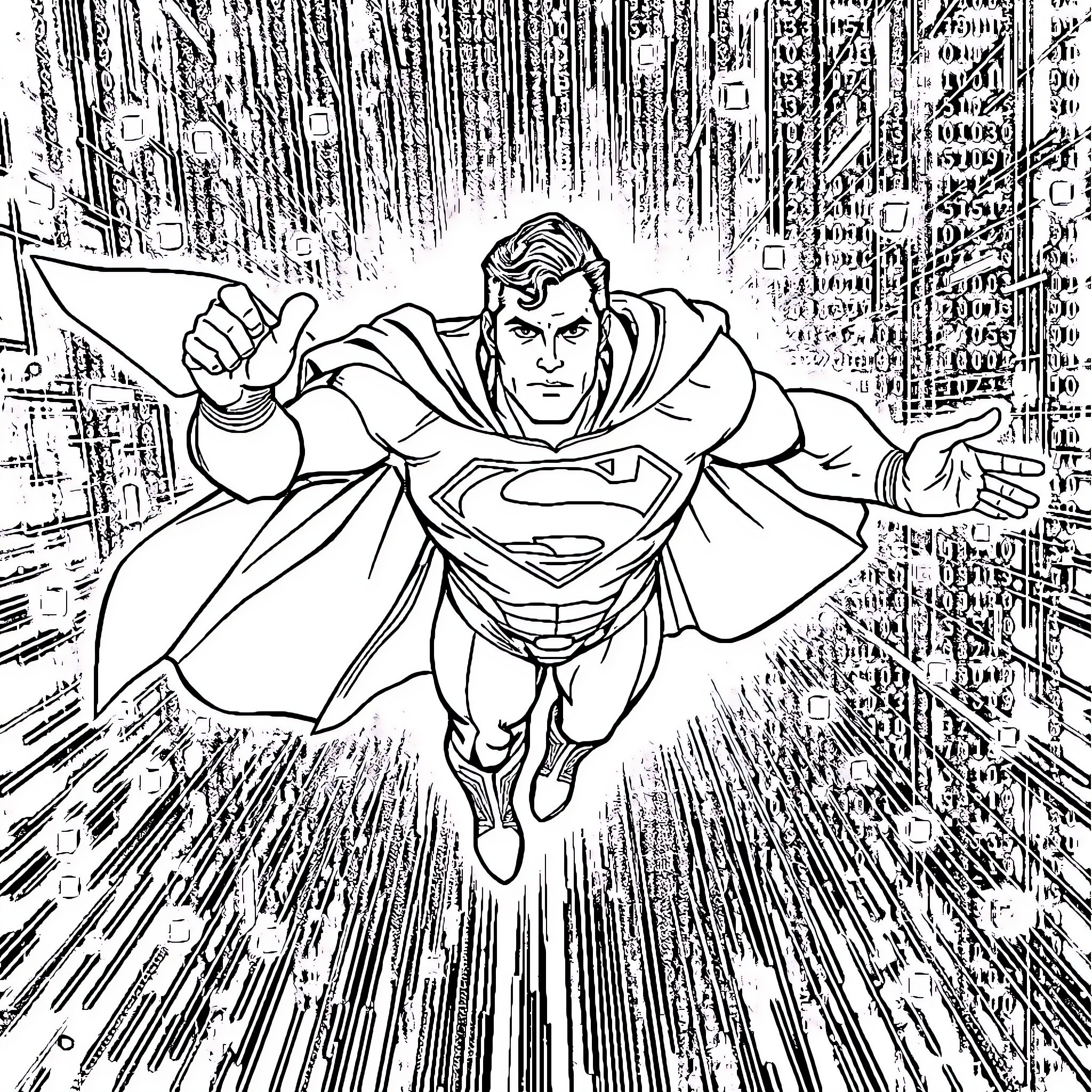 Superman soaring through the futuristic cityscape Coloring Page (free black-and-white line drawing printable PDF for all, from beginners to advanced learners, including children, teens, adults, and seniors)