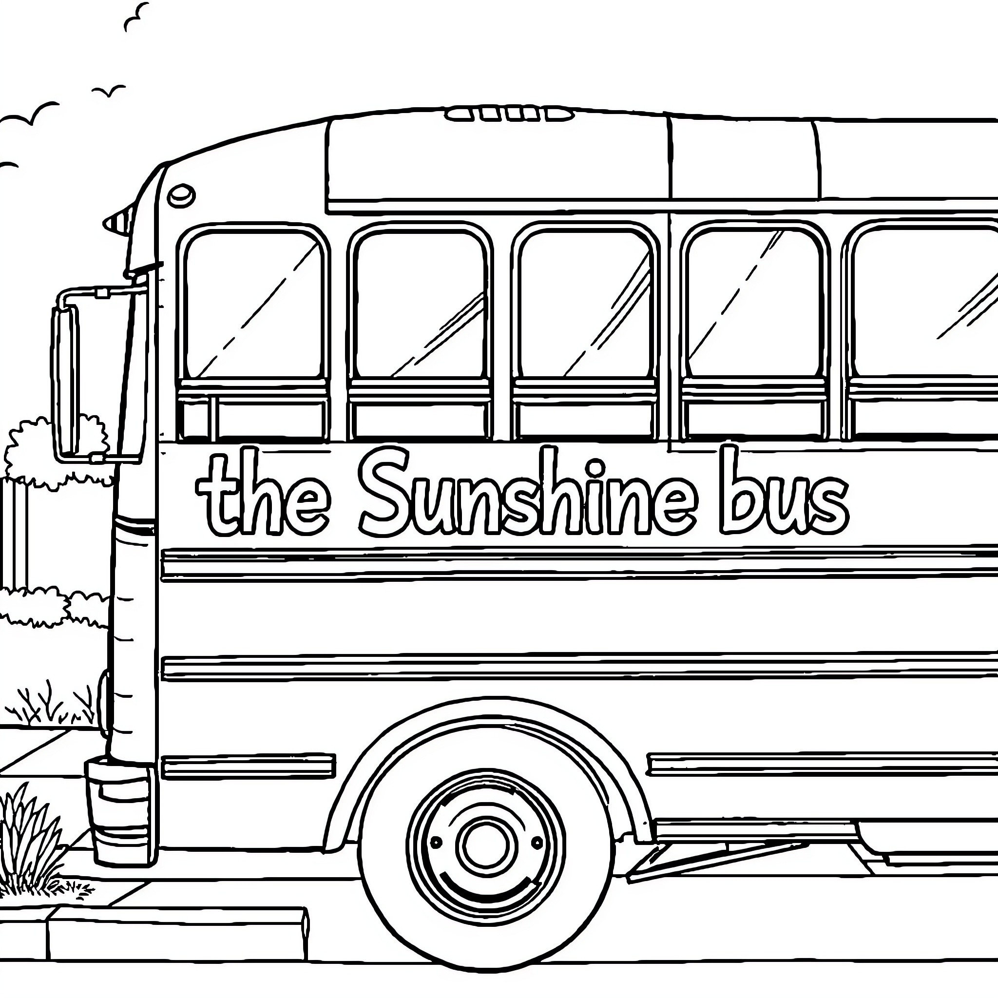 Bus with text 'the Sunshine bus' Coloring Page (free black-and-white line drawing printable PDF for all, from beginners to advanced learners, including children, teens, adults, and seniors)