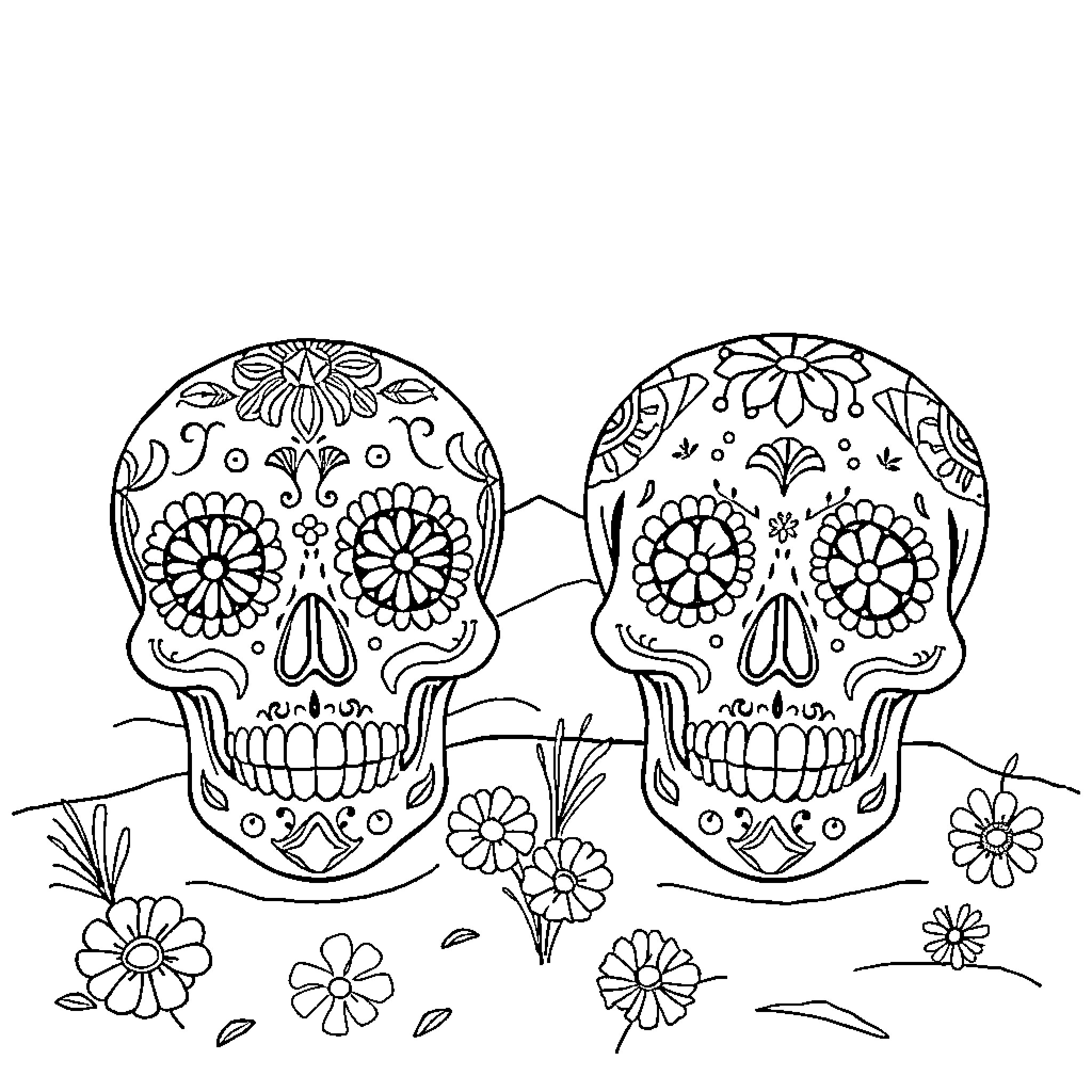 Sugar Skull Duo Enjoying Floral Scenery Coloring Page (free black-and-white line drawing printable PDF for all, from beginners to advanced learners, including children, teens, adults, and seniors)