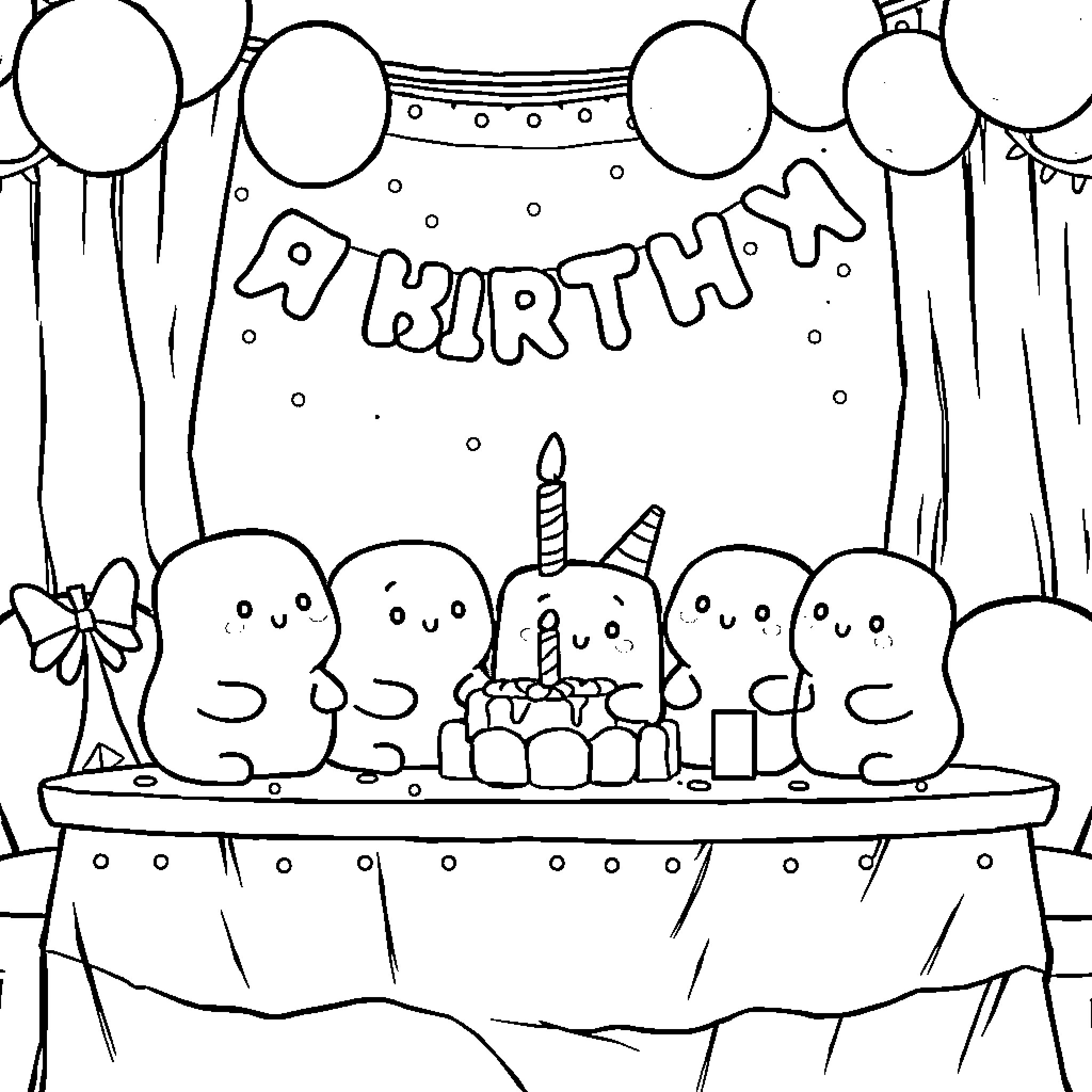 Squishmallow Birthday Celebration with Cake and Balloons Coloring Page (free black-and-white line drawing printable PDF for all, from beginners to advanced learners, including children, teens, adults, and seniors)
