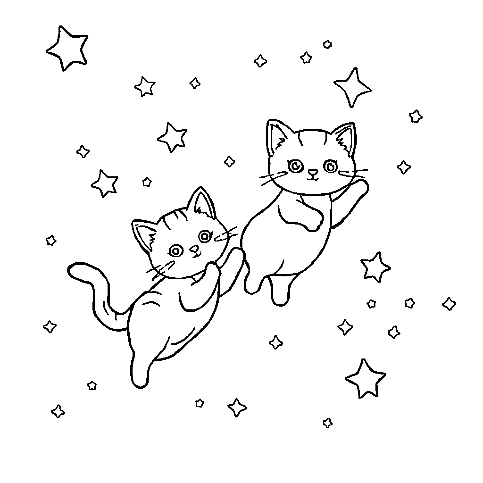 Cats Playing Among Stars Coloring Page (free black-and-white line drawing printable PDF for all, from beginners to advanced learners, including children, teens, adults, and seniors)