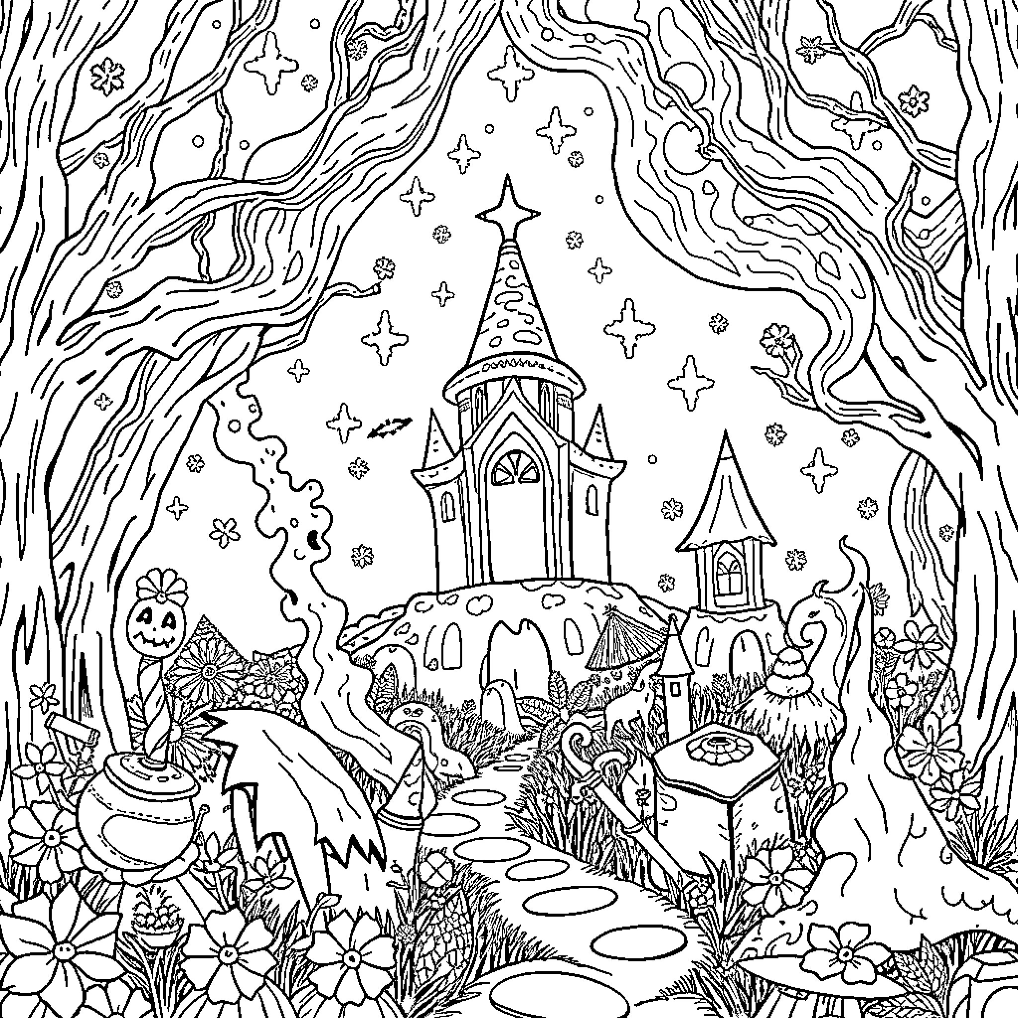 Magic Enchanted Castle in Whimsical Forest Coloring Page (free black-and-white line drawing printable PDF for all, from beginners to advanced learners, including children, teens, adults, and seniors)
