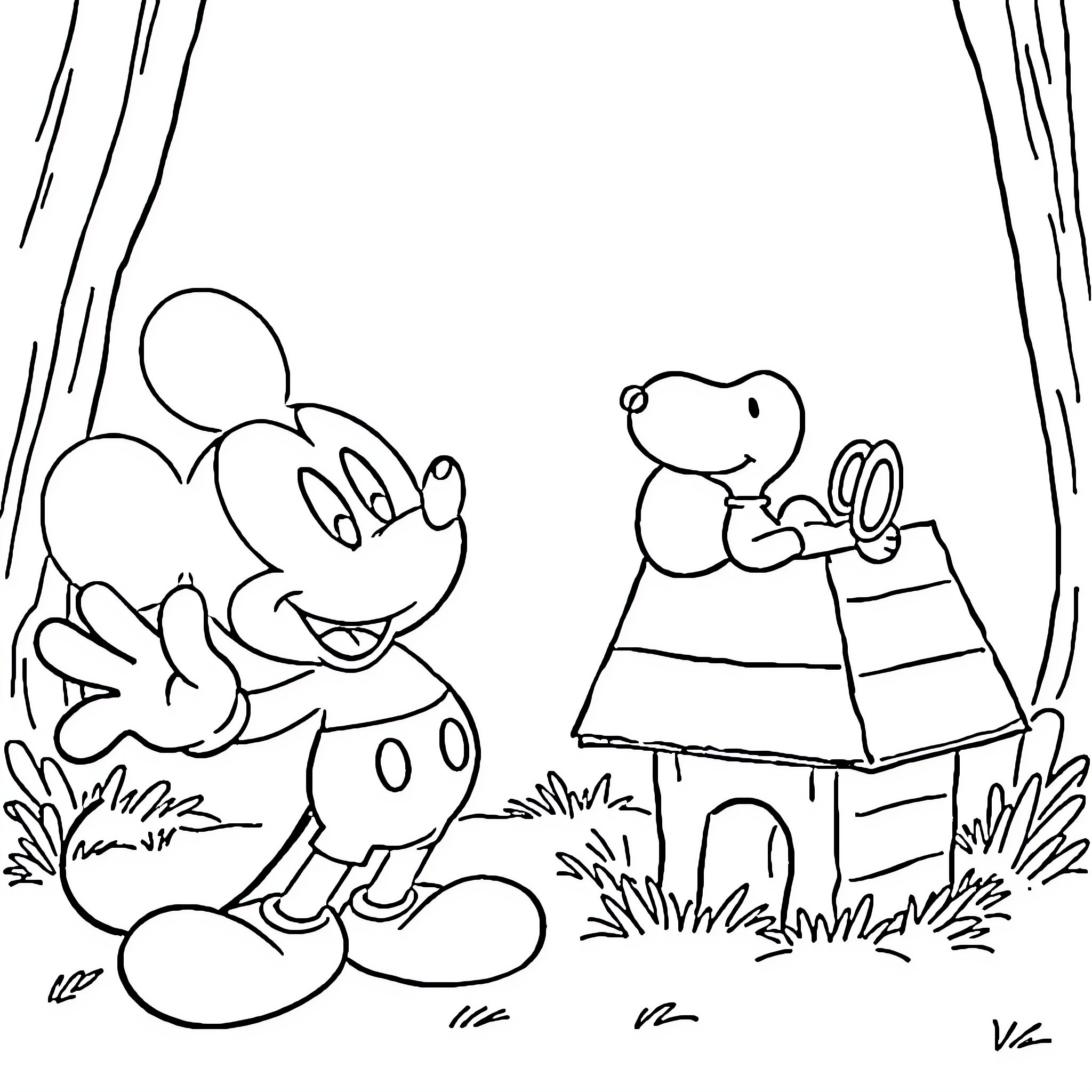 Mickey Mouse playing with Snoopy outside on a sunny day Coloring Page (free black-and-white line drawing printable PDF for all, from beginners to advanced learners, including children, teens, adults, and seniors)
