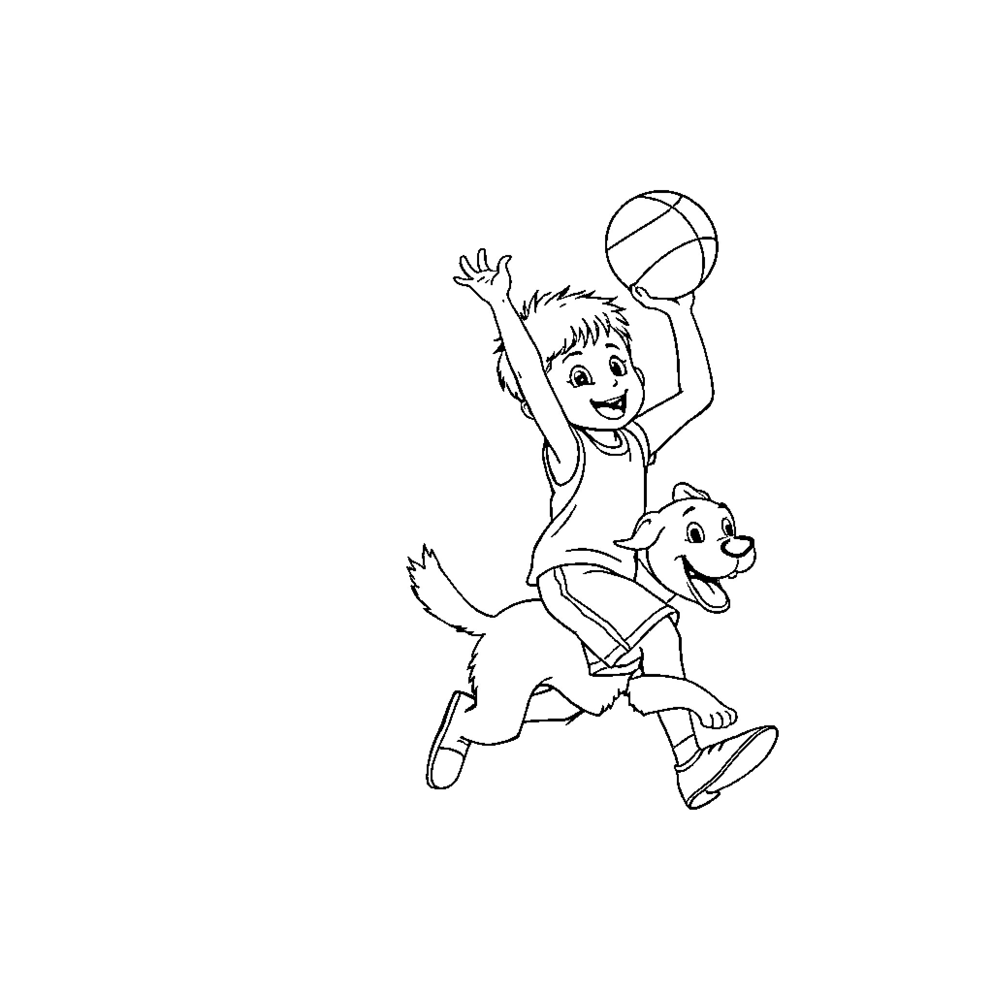 Child playing basketball with pet dog Coloring Page (free black-and-white line drawing printable PDF for all, from beginners to advanced learners, including children, teens, adults, and seniors)