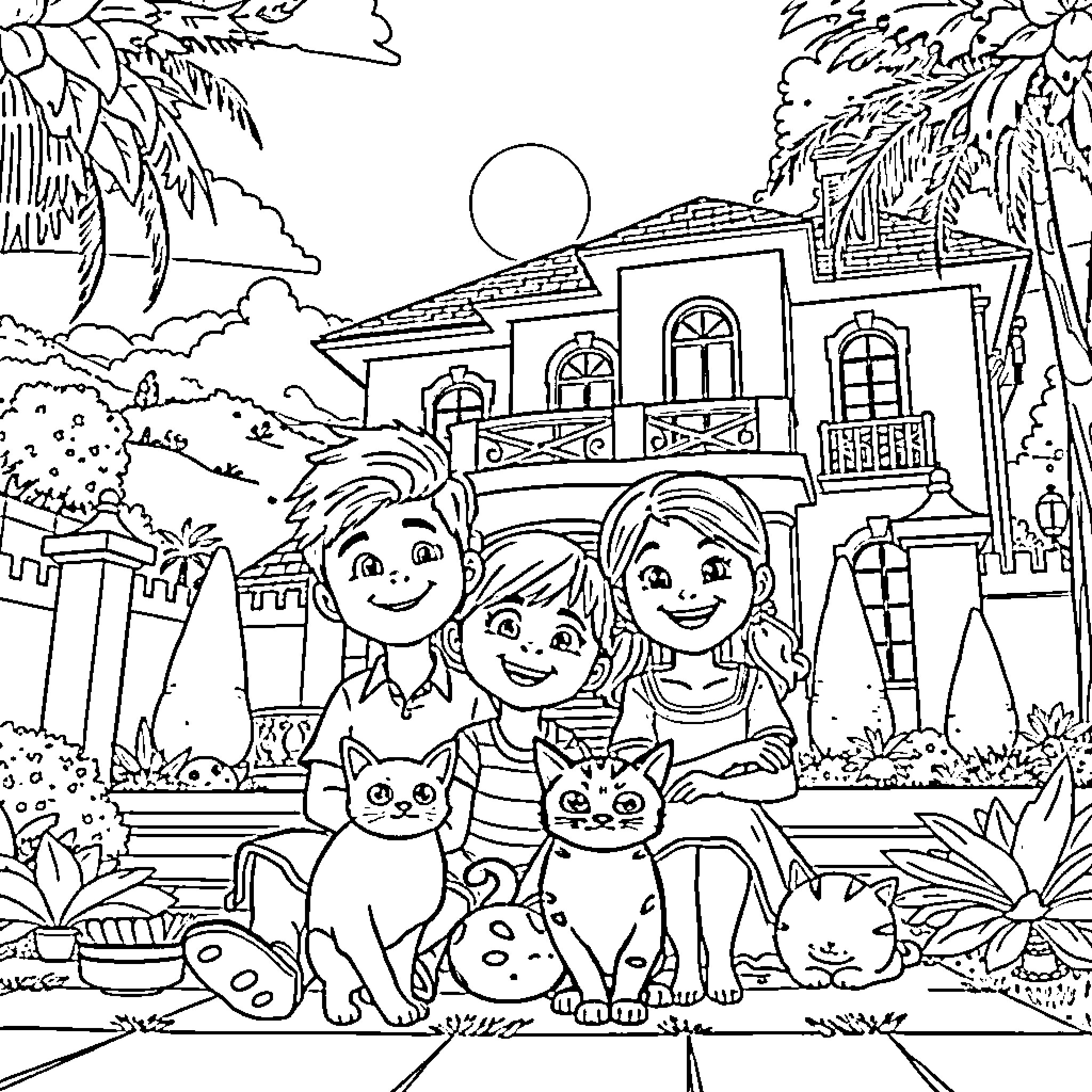 Child Family Enjoying Tropical Villa Scenery Coloring Page (free black-and-white line drawing printable PDF for all, from beginners to advanced learners, including children, teens, adults, and seniors)