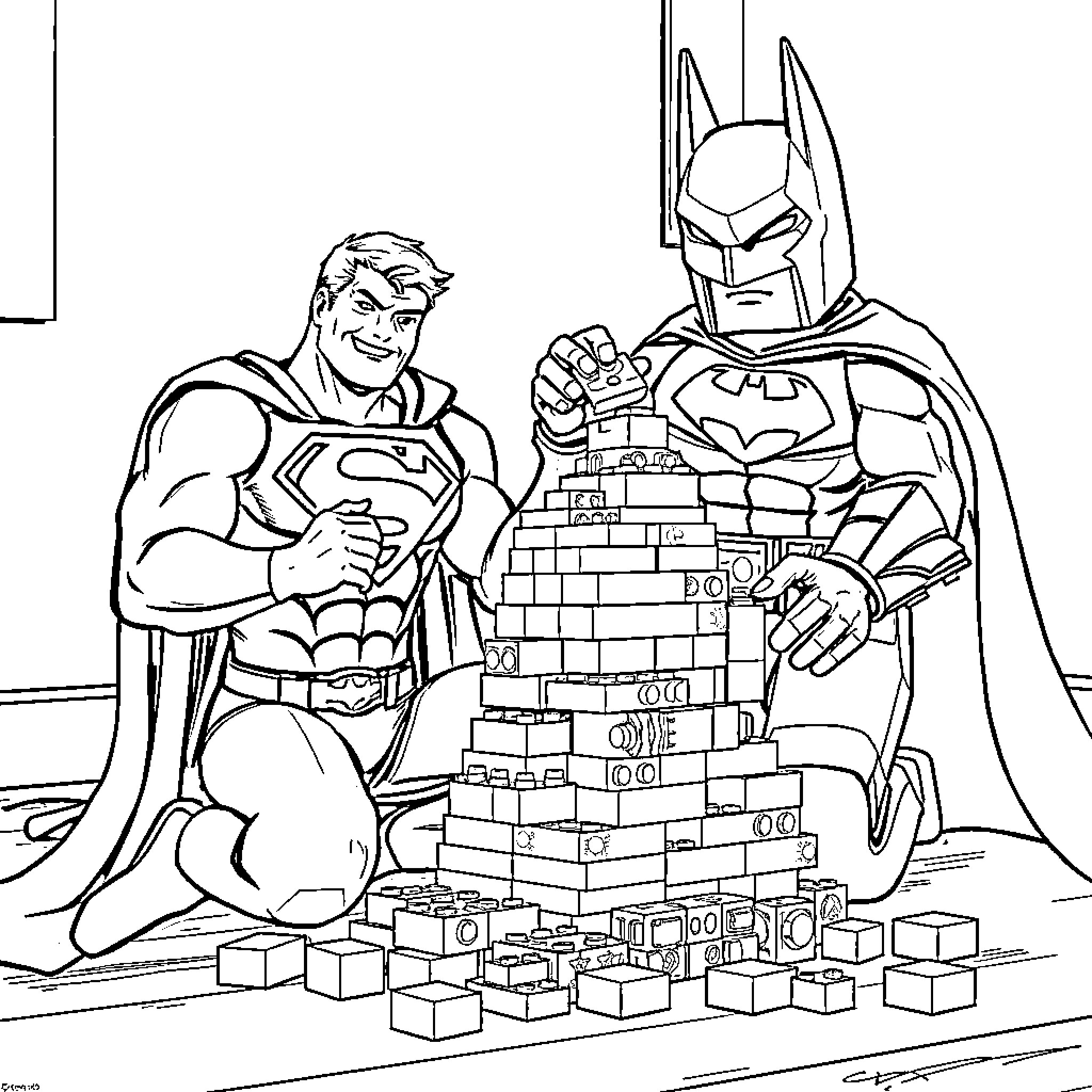 Superman and Batman Building a Structure Together Coloring Page (free black-and-white line drawing printable PDF for all, from beginners to advanced learners, including children, teens, adults, and seniors)