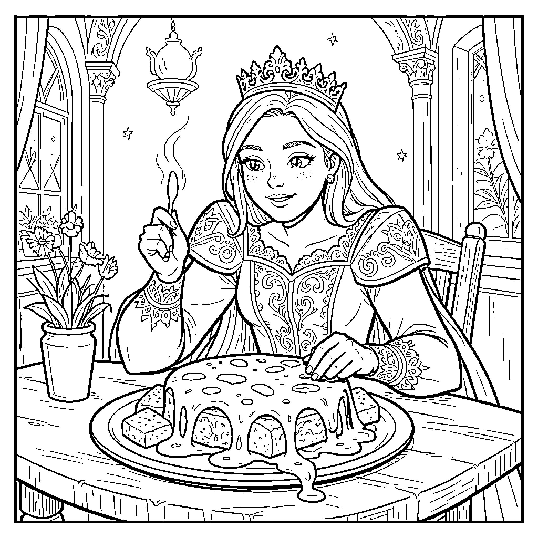Princess Enjoying a Regal Feast Coloring Page (free black-and-white line drawing printable PDF for all, from beginners to advanced learners, including children, teens, adults, and seniors)