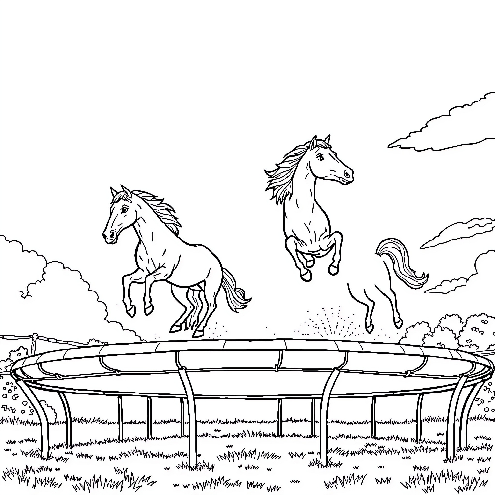 Horse galloping freely in the countryside Coloring Page (free black-and-white line drawing printable PDF for all, from beginners to advanced learners, including children, teens, adults, and seniors)