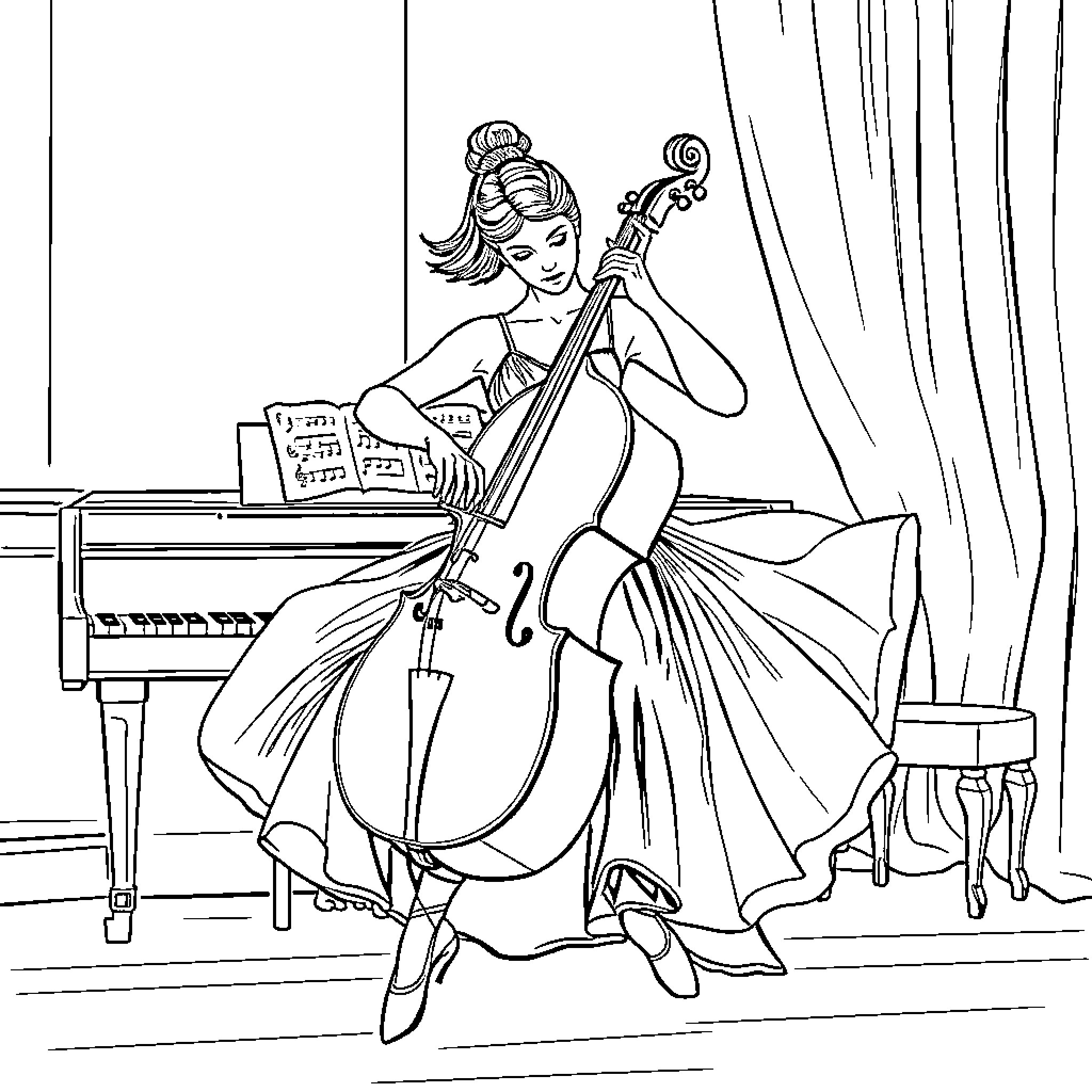 Ballet Dancer Performing with Cello on Stage Coloring Page (free black-and-white line drawing printable PDF for all, from beginners to advanced learners, including children, teens, adults, and seniors)