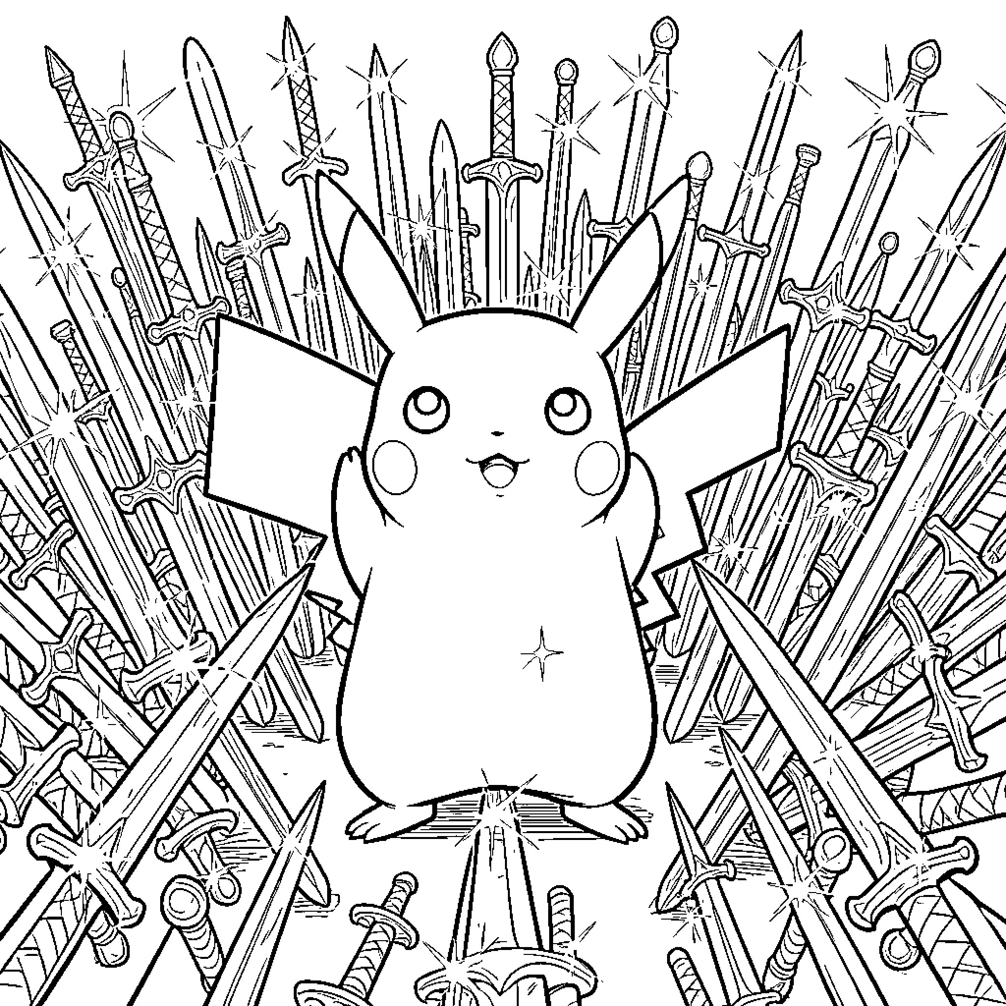 Pikachu in a sea of swords and weapons Coloring Page (free black-and-white line drawing printable PDF for all, from beginners to advanced learners, including children, teens, adults, and seniors)