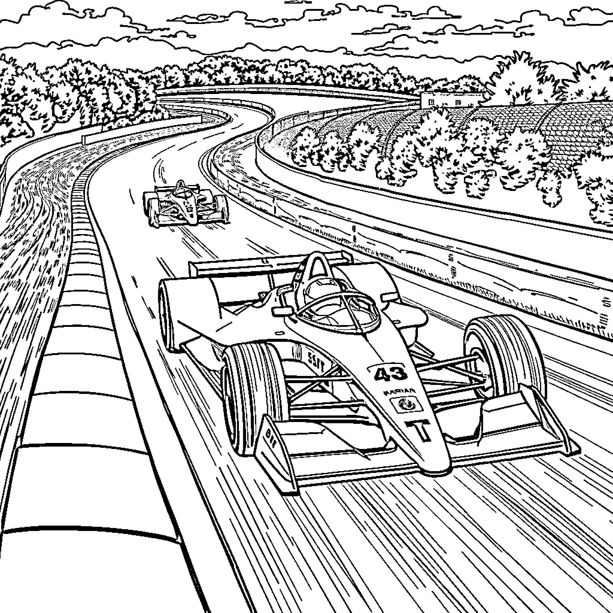 Formula 1 Racing Duel on Winding Racetrack Coloring Page (free black-and-white line drawing printable PDF for all, from beginners to advanced learners, including children, teens, adults, and seniors)