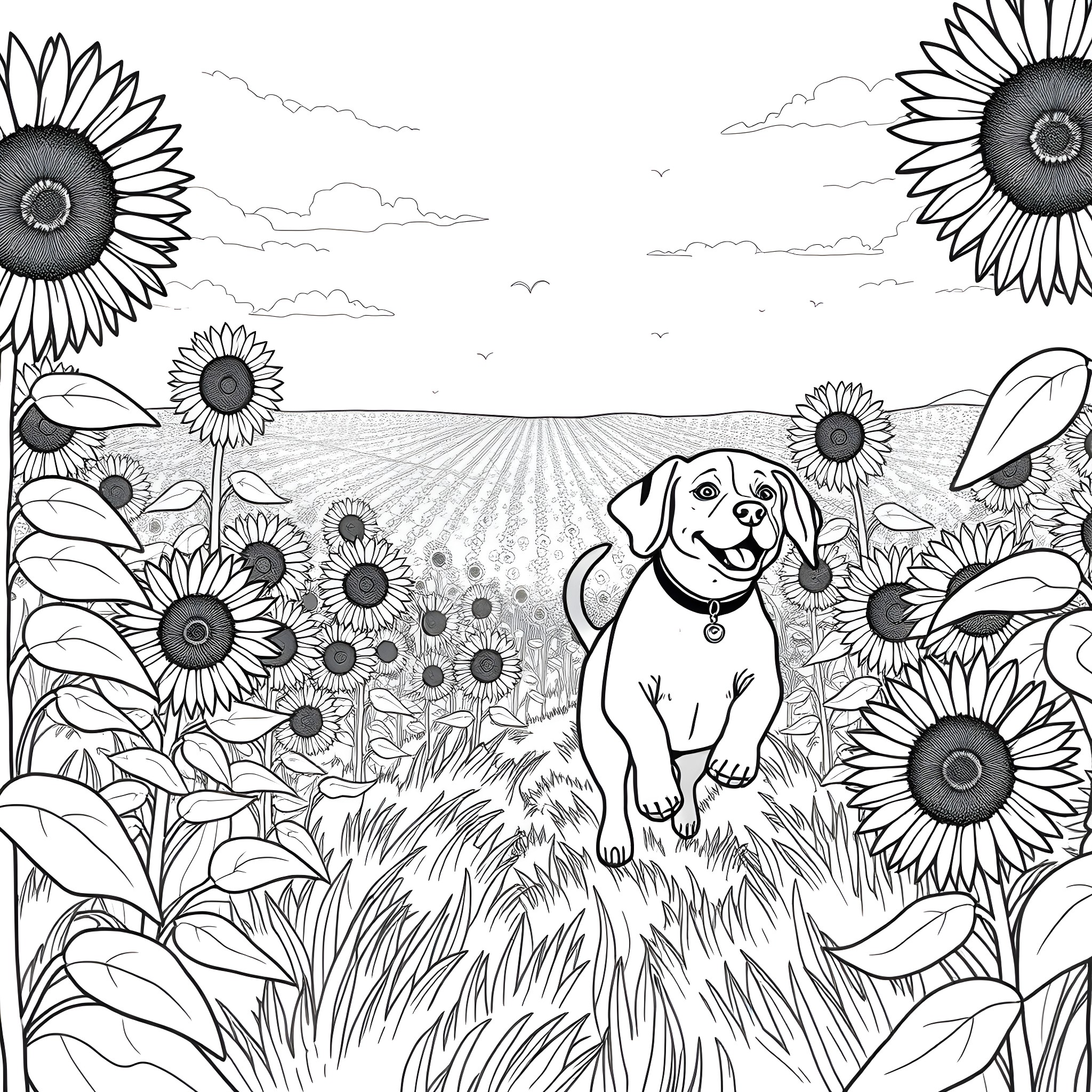 Dog running happily through sunflower field Coloring Page (free black-and-white line drawing printable PDF for all, from beginners to advanced learners, including children, teens, adults, and seniors)