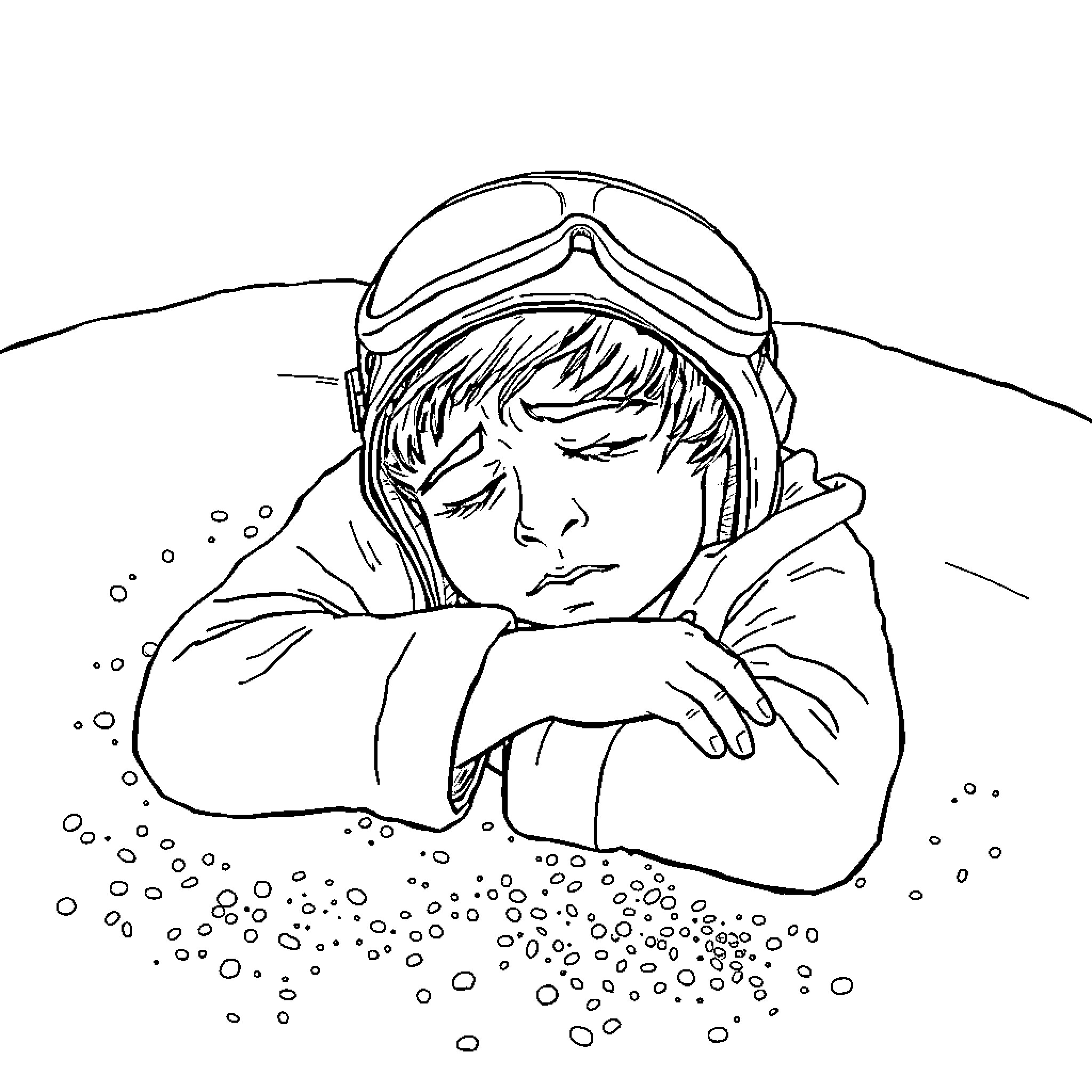 Pilot resting after a long flight Coloring Page (free black-and-white line drawing printable PDF for all, from beginners to advanced learners, including children, teens, adults, and seniors)