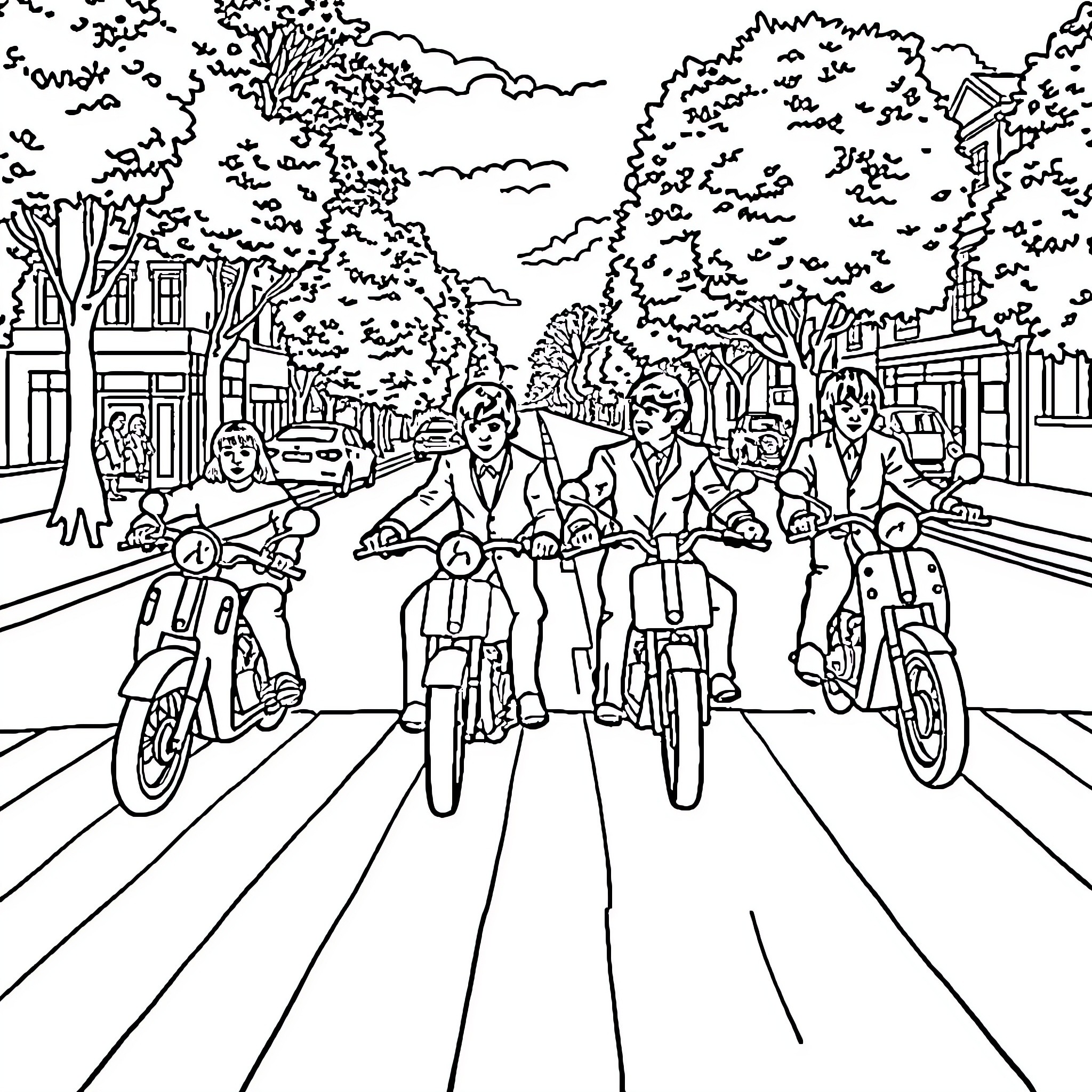 Beatles riding bicycles through a city street Coloring Page (free black-and-white line drawing printable PDF for all, from beginners to advanced learners, including children, teens, adults, and seniors)