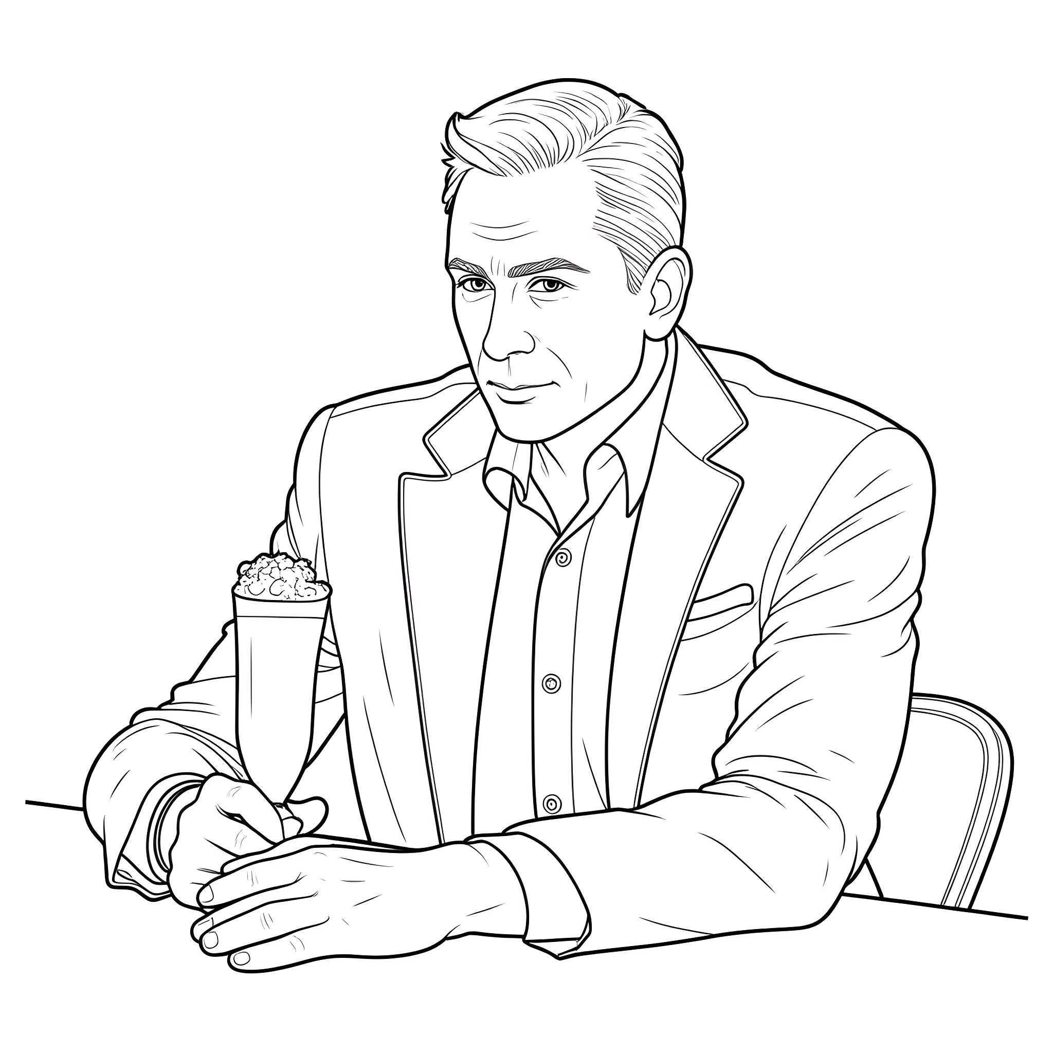 James Bond enjoys a fancy milkshake in his suit Coloring Page (free black-and-white line drawing printable PDF for all, from beginners to advanced learners, including children, teens, adults, and seniors)