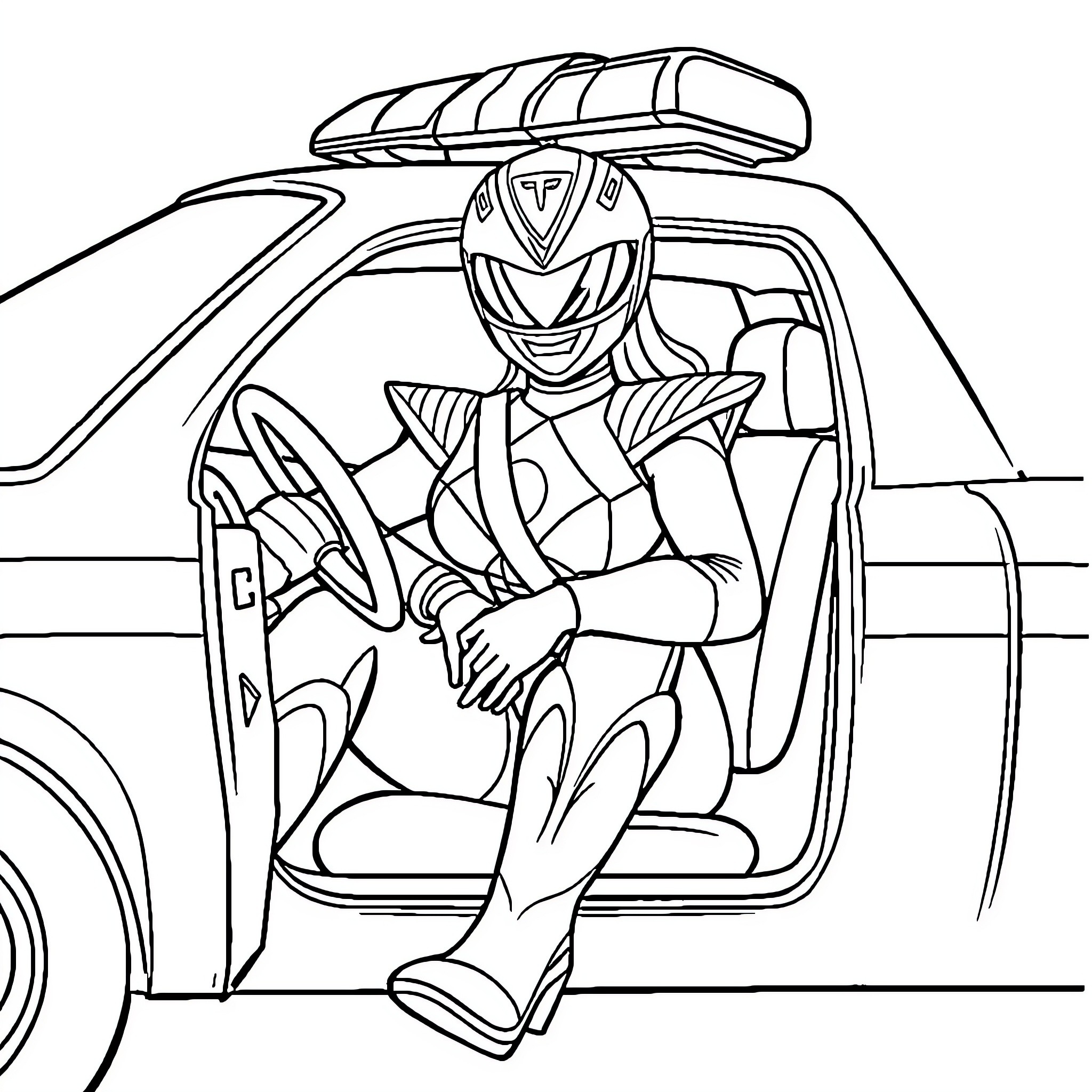 Power Ranger driving futuristic vehicle on patrol Coloring Page (free black-and-white line drawing printable PDF for all, from beginners to advanced learners, including children, teens, adults, and seniors)