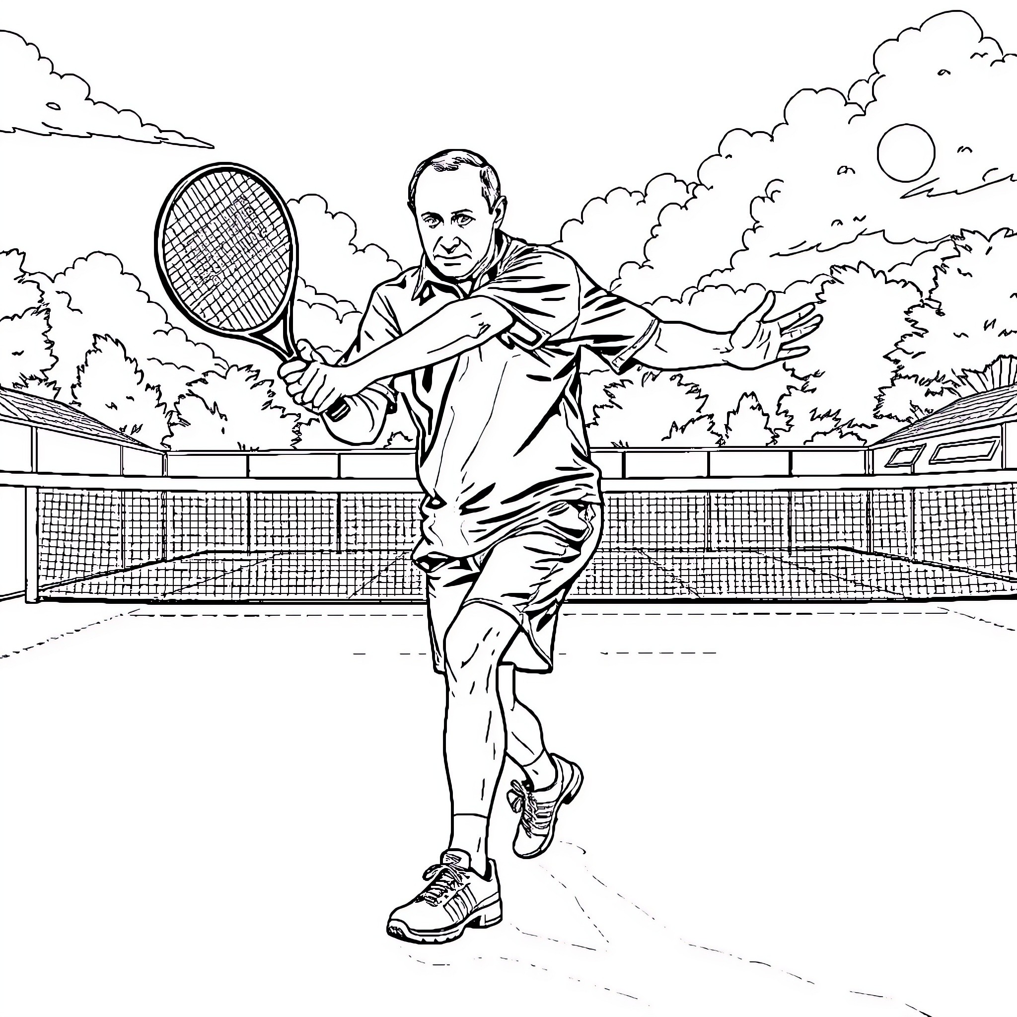 Putin playing tennis on the court Coloring Page (free black-and-white line drawing printable PDF for all, from beginners to advanced learners, including children, teens, adults, and seniors)