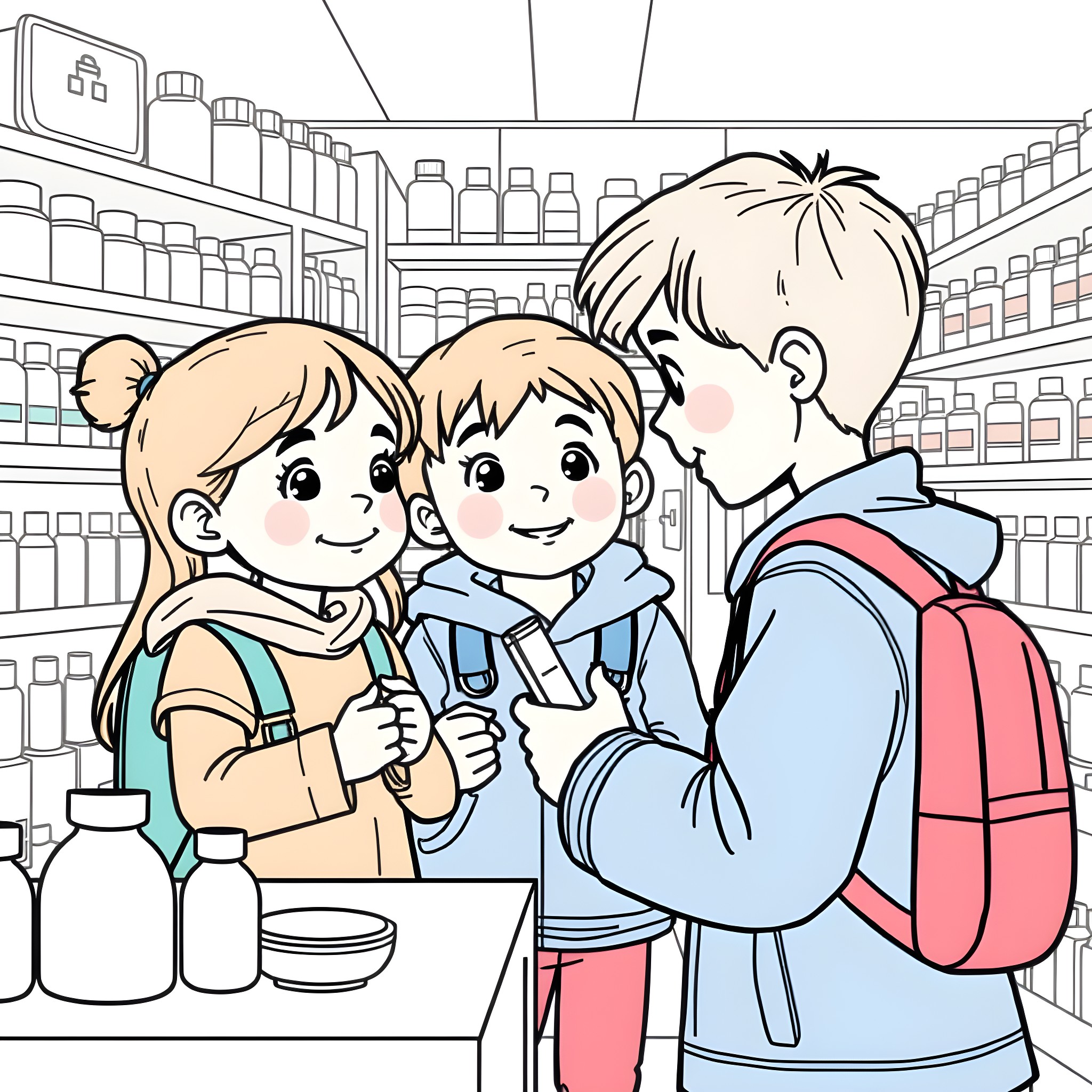 Kids exploring the colorful and exciting supermarket Coloring Page (free black-and-white line drawing printable PDF for all, from beginners to advanced learners, including children, teens, adults, and seniors)