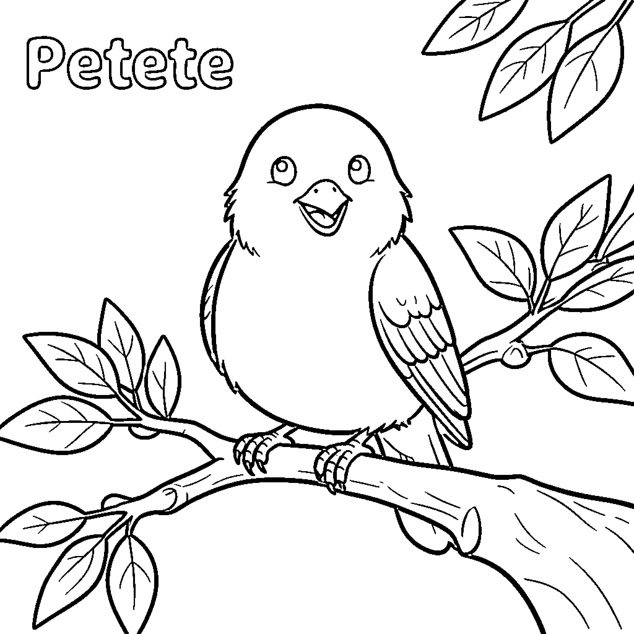Petete the Happy Bird in the Leafy Tree Coloring Page (free black-and-white line drawing printable PDF for all, from beginners to advanced learners, including children, teens, adults, and seniors)