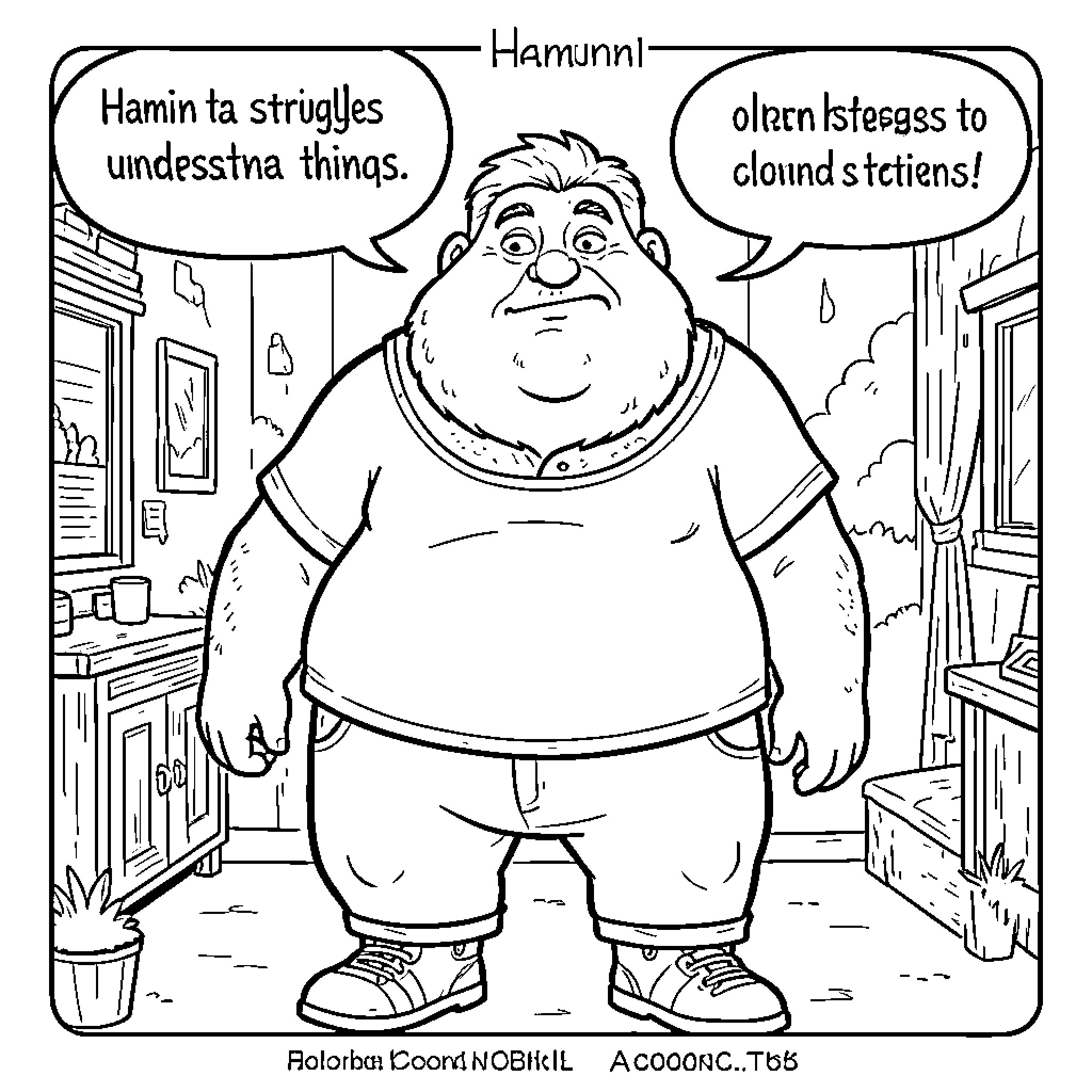 Hamin looking confused while standing in a room Coloring Page (free black-and-white line drawing printable PDF for all, from beginners to advanced learners, including children, teens, adults, and seniors)