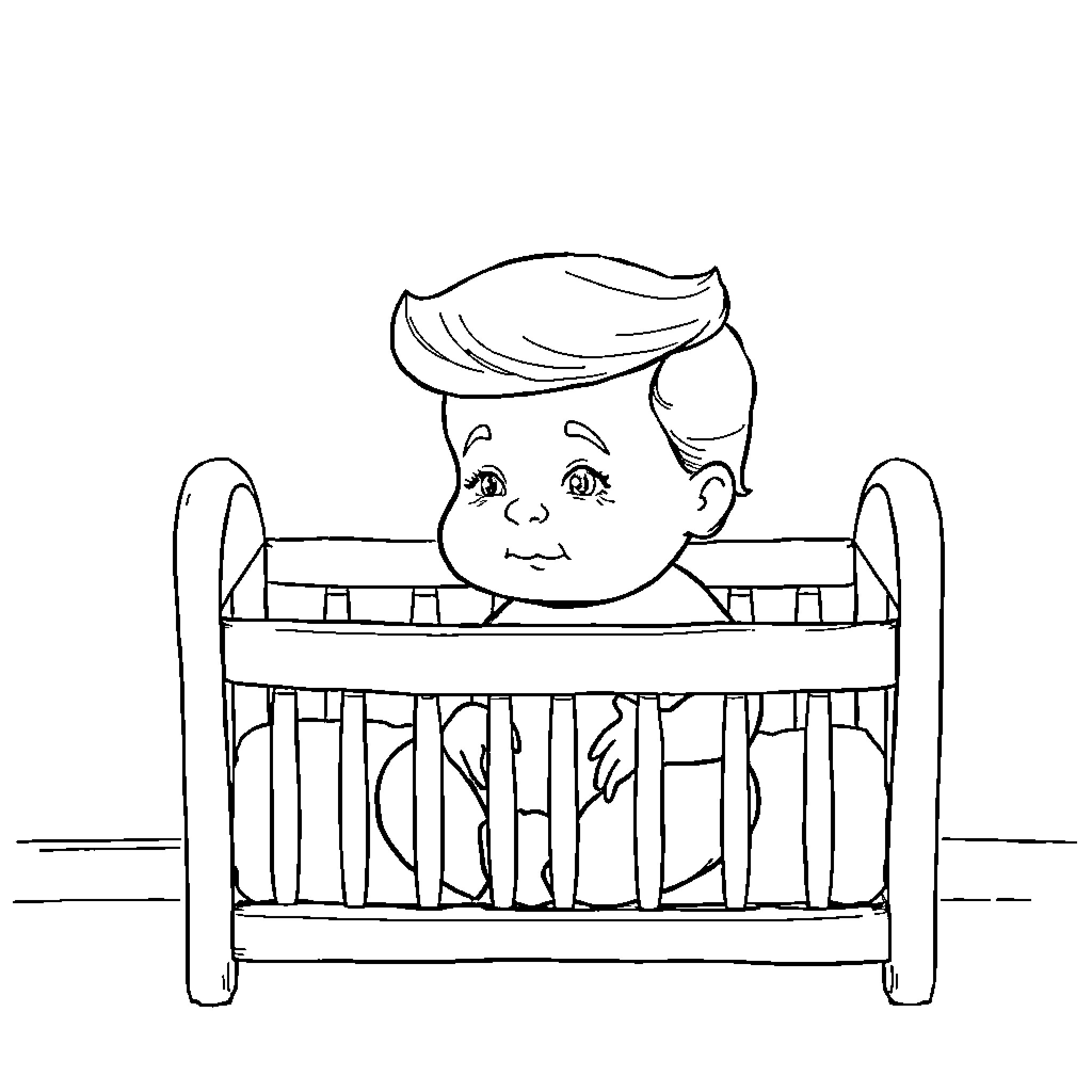 Trump in a playful baby crib Coloring Page (free black-and-white line drawing printable PDF for all, from beginners to advanced learners, including children, teens, adults, and seniors)
