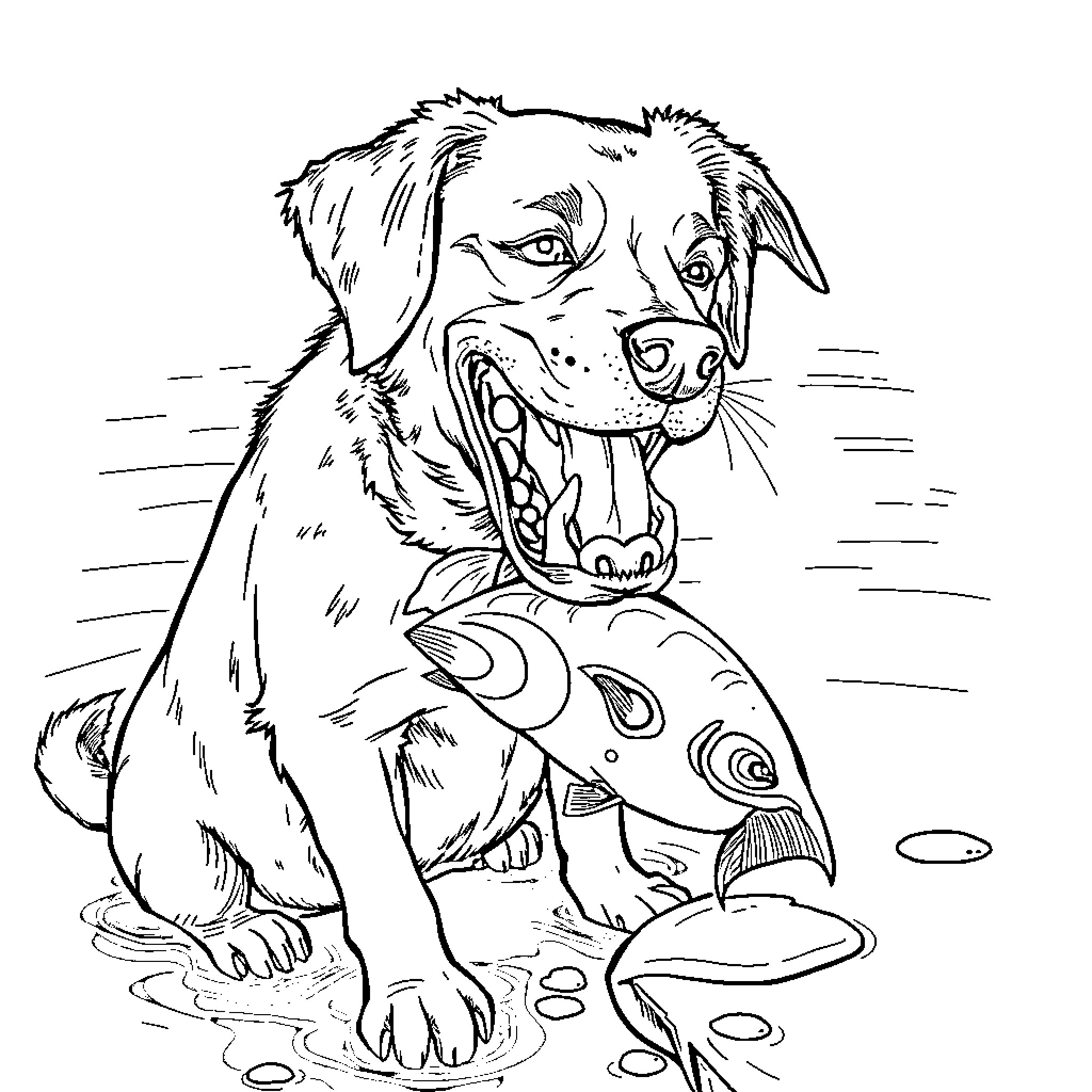 Dog playing with fish in water Coloring Page (free black-and-white line drawing printable PDF for all, from beginners to advanced learners, including children, teens, adults, and seniors)