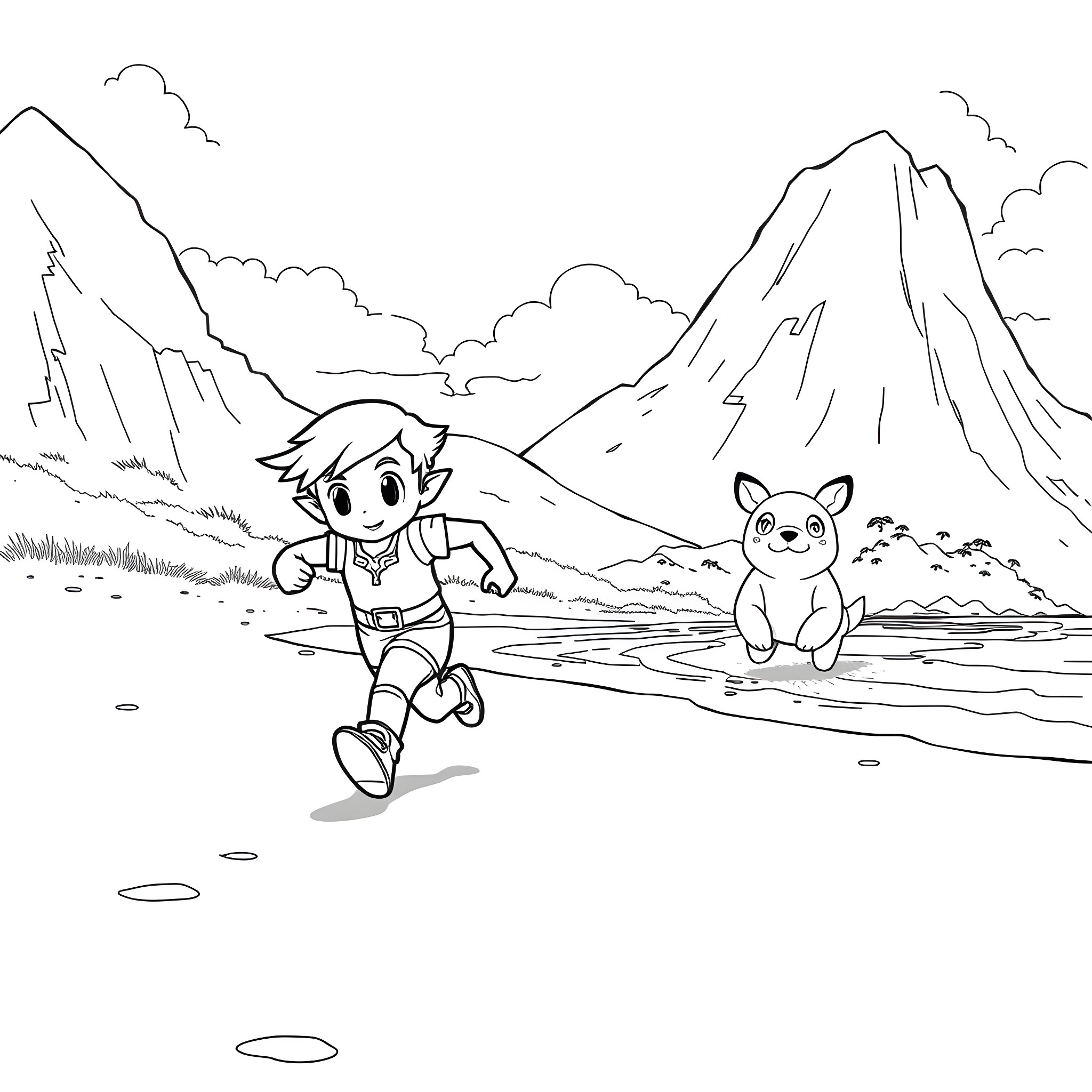 Link adventures with his pet in the mountains Coloring Page (free black-and-white line drawing printable PDF for all, from beginners to advanced learners, including children, teens, adults, and seniors)
