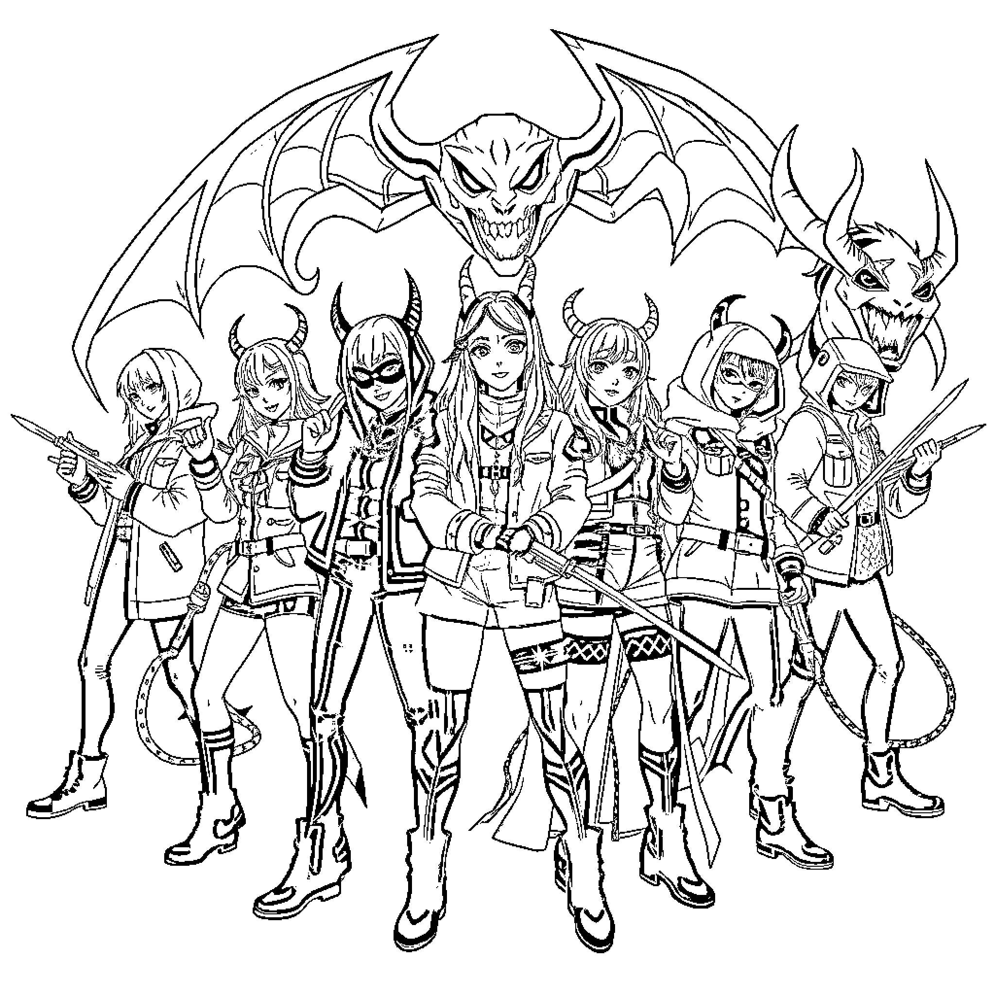 Demon Hunter Squad in Heroic Pose Coloring Page (free black-and-white line drawing printable PDF for all, from beginners to advanced learners, including children, teens, adults, and seniors)