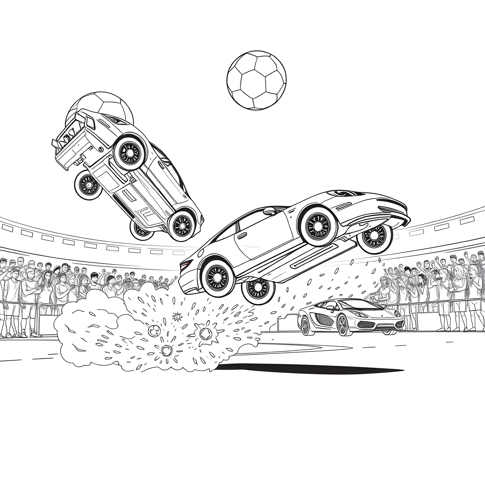 Rocket-powered cars flying over a stadium Coloring Page (free black-and-white line drawing printable PDF for all, from beginners to advanced learners, including children, teens, adults, and seniors)