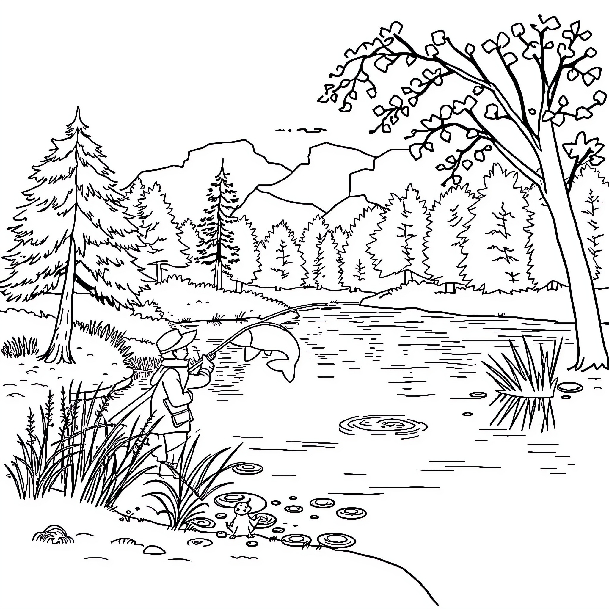 Fishing in a peaceful forest landscape Coloring Page (free black-and-white line drawing printable PDF for all, from beginners to advanced learners, including children, teens, adults, and seniors)