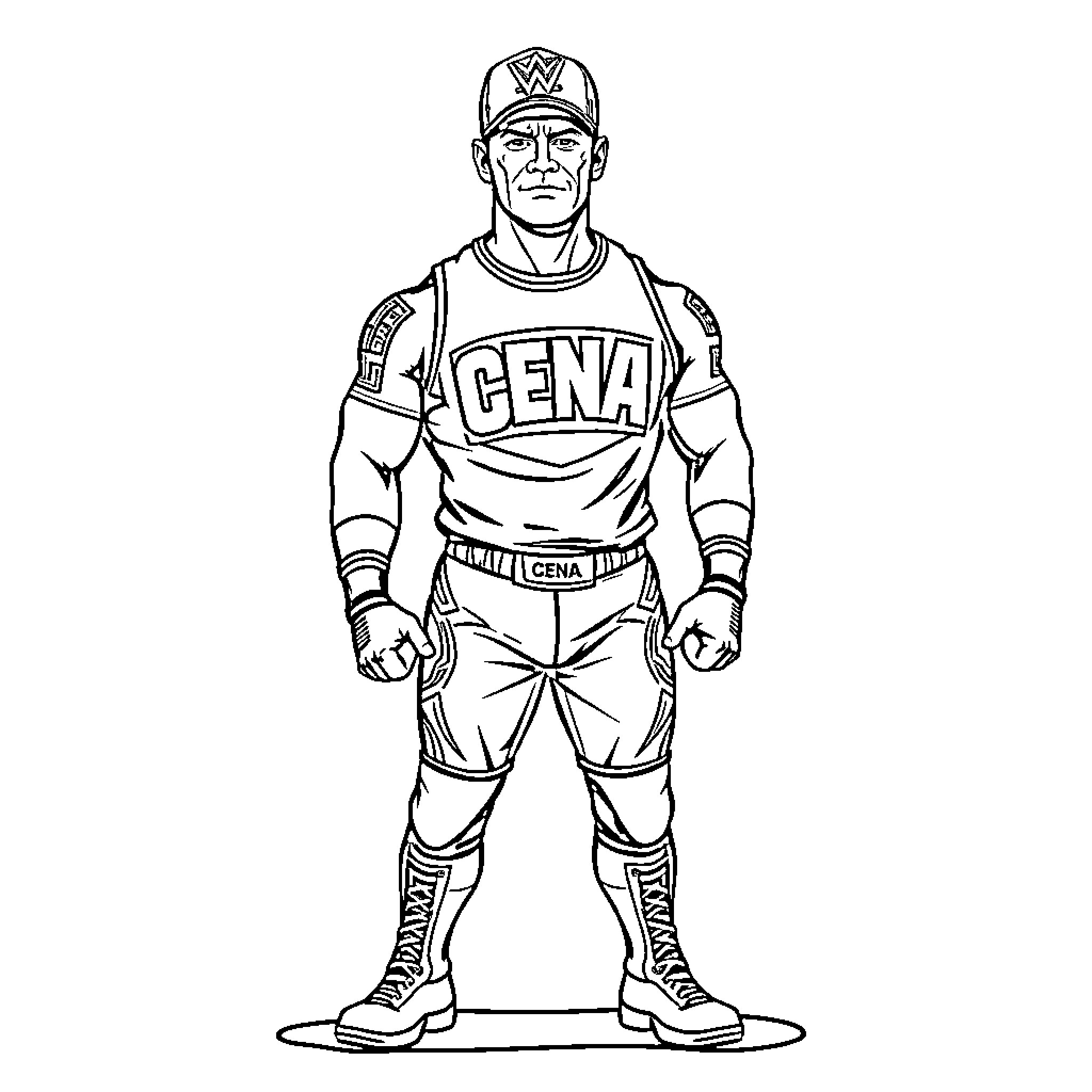 John Cena in wrestling attire and pose Coloring Page (free black-and-white line drawing printable PDF for all, from beginners to advanced learners, including children, teens, adults, and seniors)