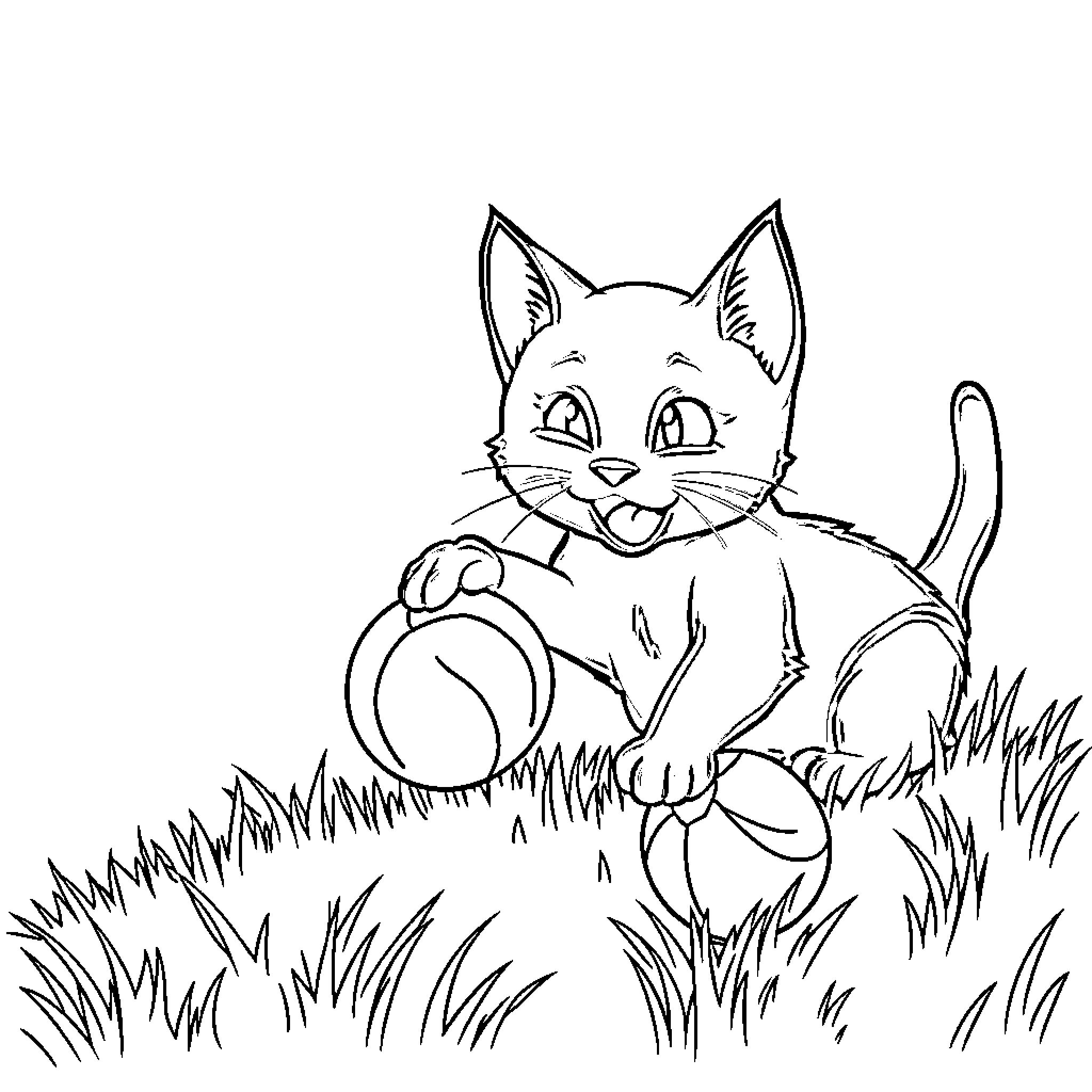Cat playing with ball in the grass Coloring Page (free black-and-white line drawing printable PDF for all, from beginners to advanced learners, including children, teens, adults, and seniors)