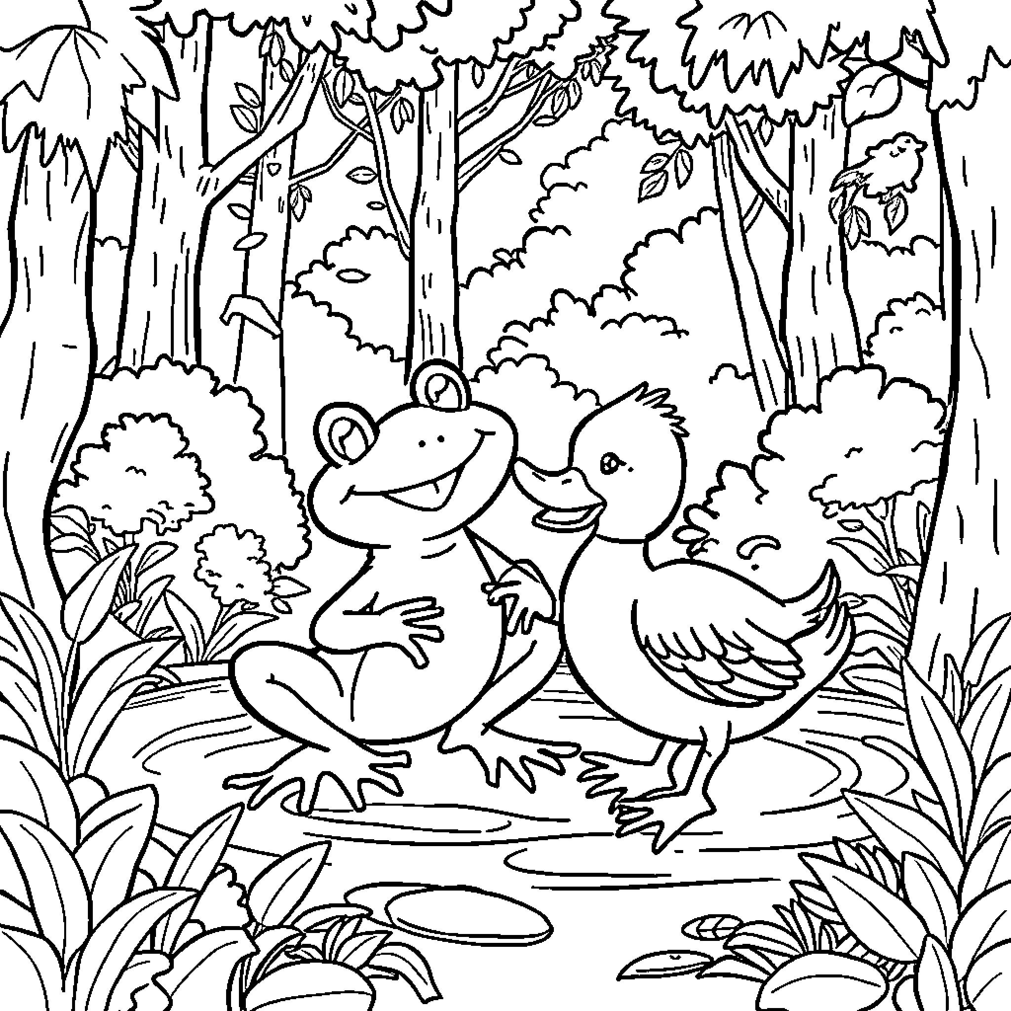 Frog friends in the magical forest Coloring Page (free black-and-white line drawing printable PDF for all, from beginners to advanced learners, including children, teens, adults, and seniors)