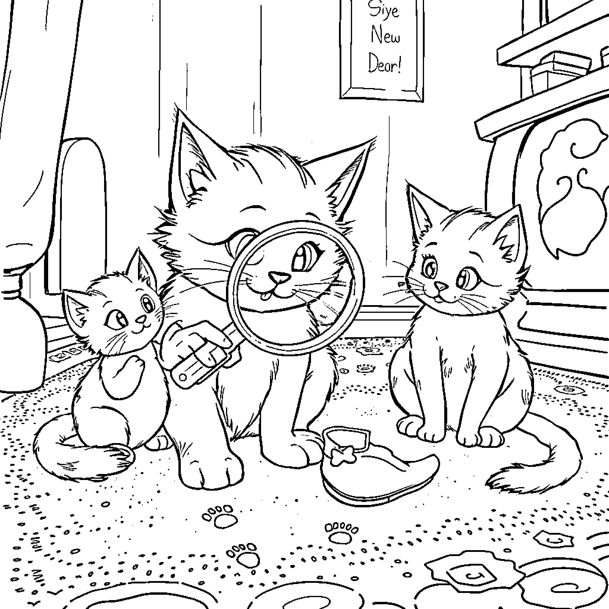 Cat Companions Explore Mysterious Environment Coloring Page (free black-and-white line drawing printable PDF for all, from beginners to advanced learners, including children, teens, adults, and seniors)