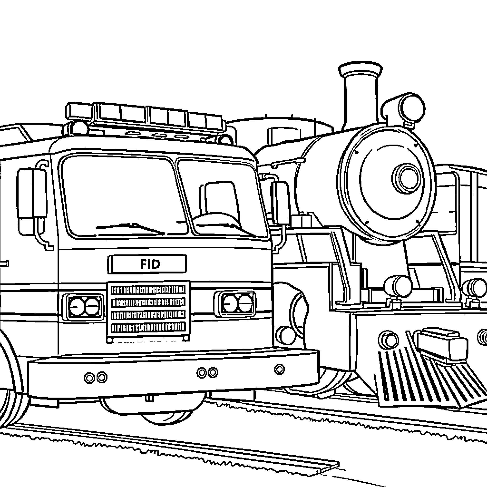 Engine of a Vintage Train on the Tracks Coloring Page (free black-and-white line drawing printable PDF for all, from beginners to advanced learners, including children, teens, adults, and seniors)